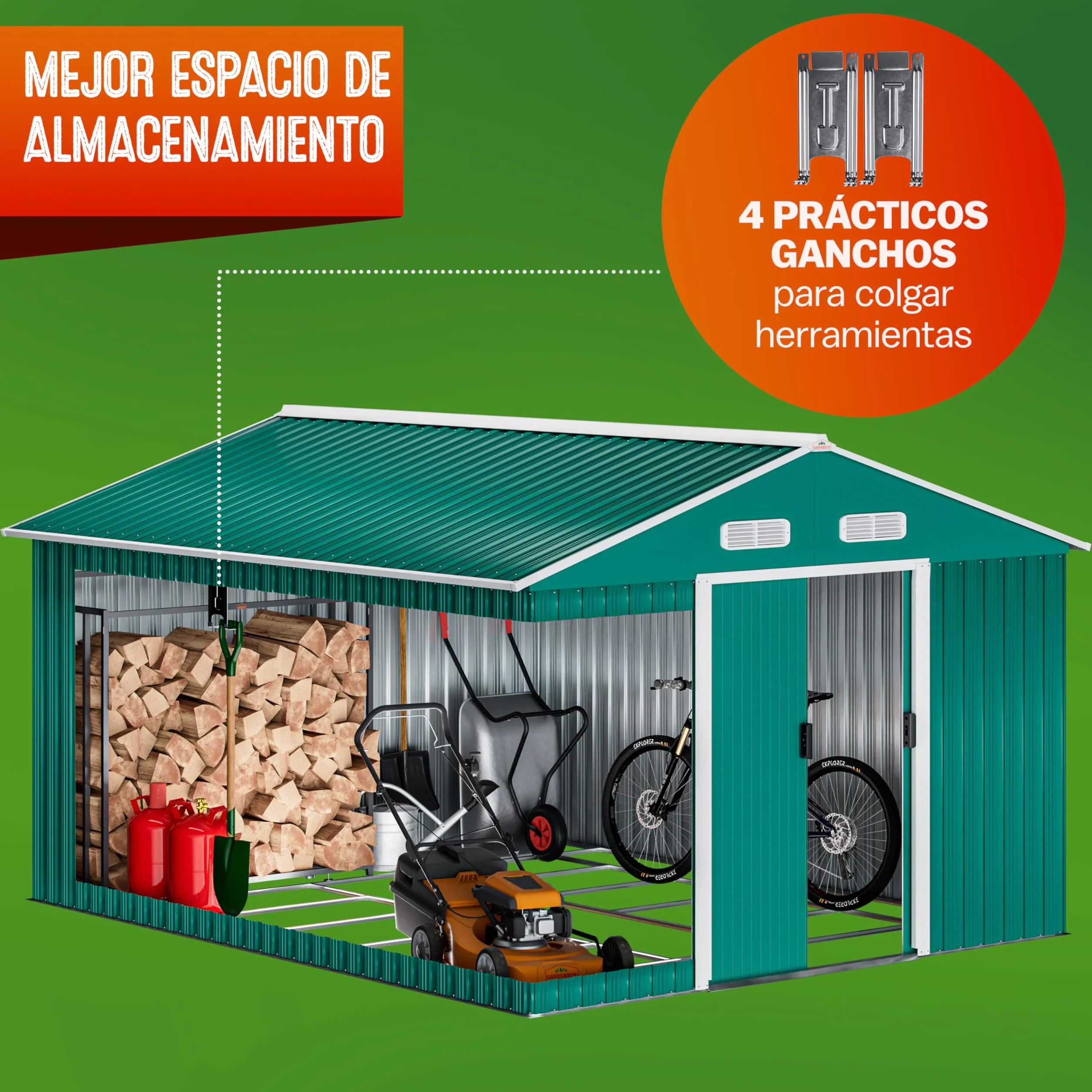 GARDEBRUK® Cobertizo de Jardín 8 m² 312x257x178 cm Caseta Metálica Exterior 15m³ con Base Puerta Corrediza Verde