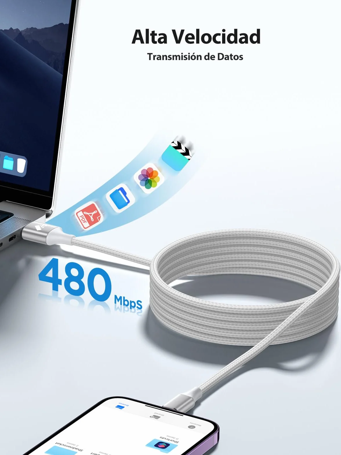 Aioneus Cable Cargador iPhone 2M Carga Rápida Apple MFi Certificado Nylon Trenzado USB Lightning para iPhone 14/13/12/11 Pro Max/XS/8/7/6/5/SE iPad