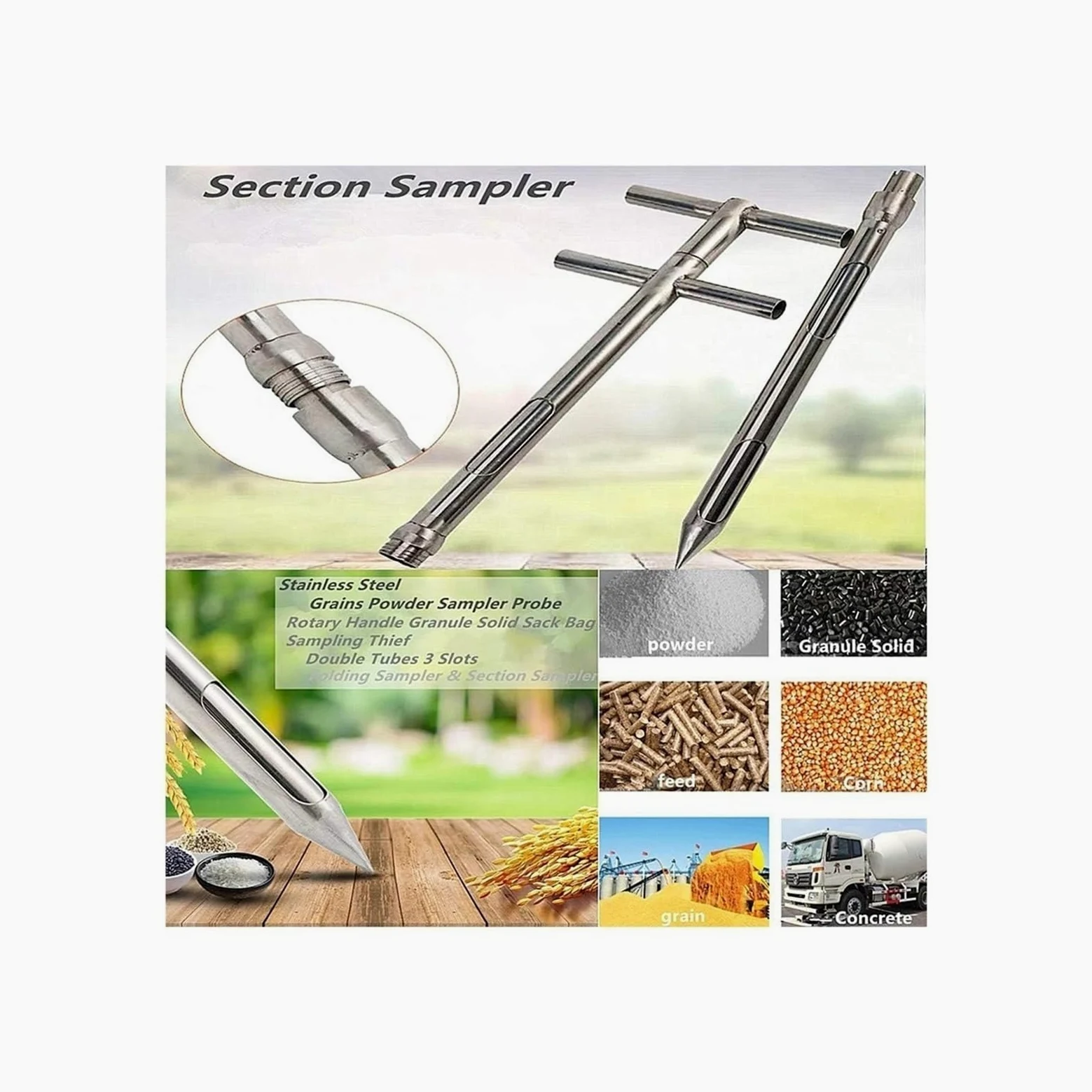Sonda de muestreo de grano de acero inoxidable, herramienta de muestreo sólida de 2 m de largo para arroz, maíz, trigo, soja, cemento, fertilizantes