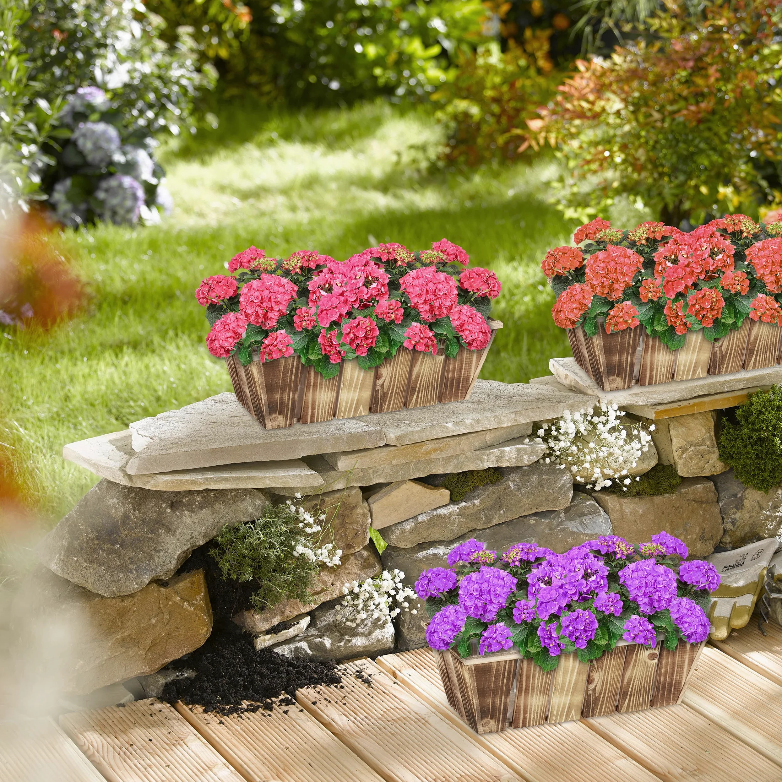 Relaxdays Pack de 3 Macetas de Madera, Jardineras, 3 Tamaños, Tiestos Flores, Interior y Exterior, con Plástico, Marrón