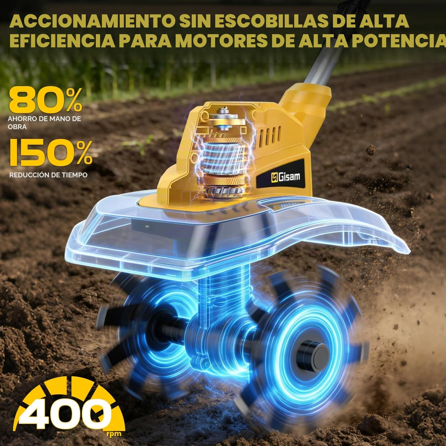 Motocultor Eléctrico Inalámbrico con 2 Baterías de 4,0 Ah, 400 RPM, Batería Sin Escobillas, Ancho 23 cm y Profundidad 21 cm, Motocultor Plegable para Labrar y Suavizar el Suelo