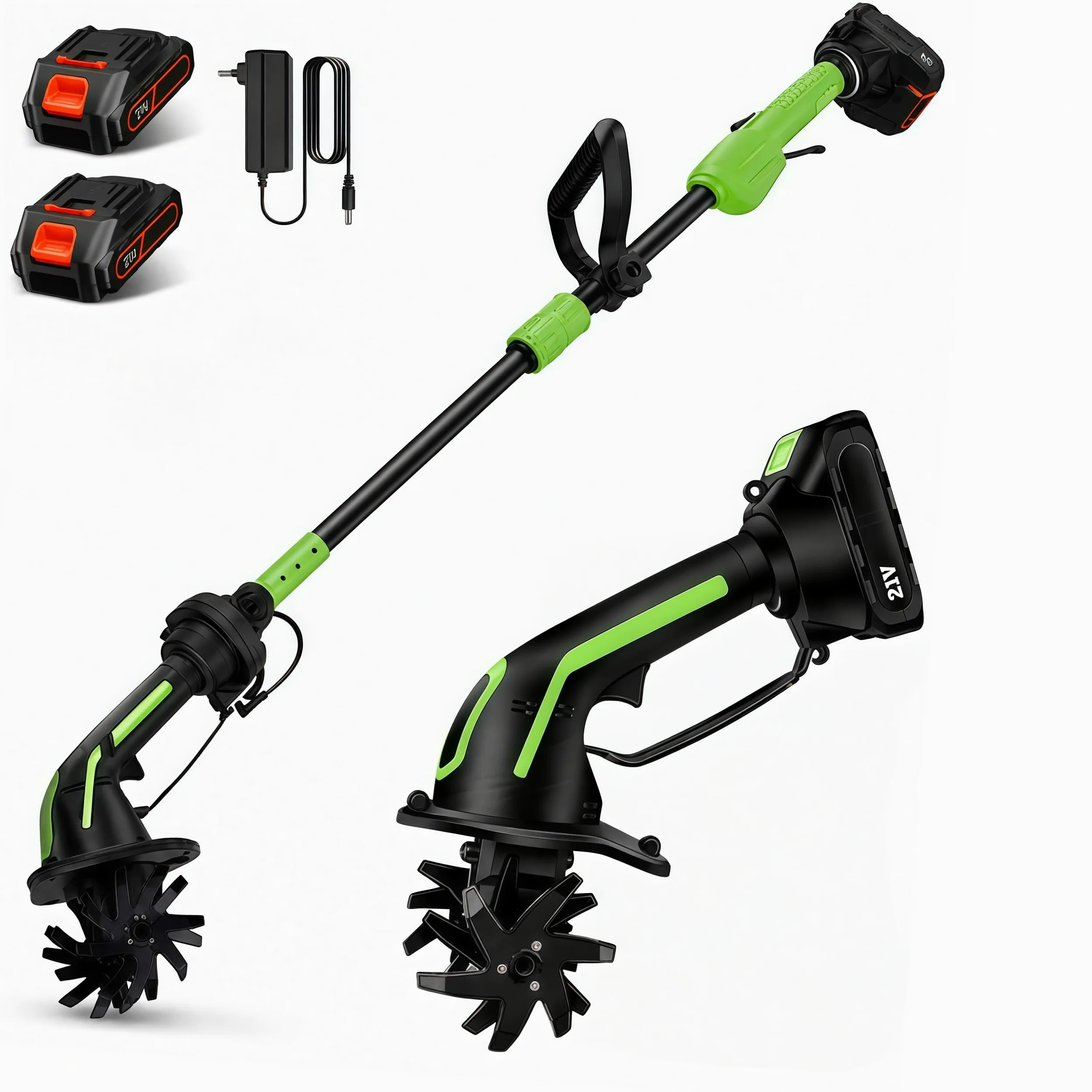 Motoazada Electrica, Mini Motoazada Portátil Varilla de extensión Desmontable de 1,3m,Ancho de Labranza 10cm, Profundidad de Labranza 10 cm Baterías 3000 mAh para Jardines y Huertos (2 Baterías)