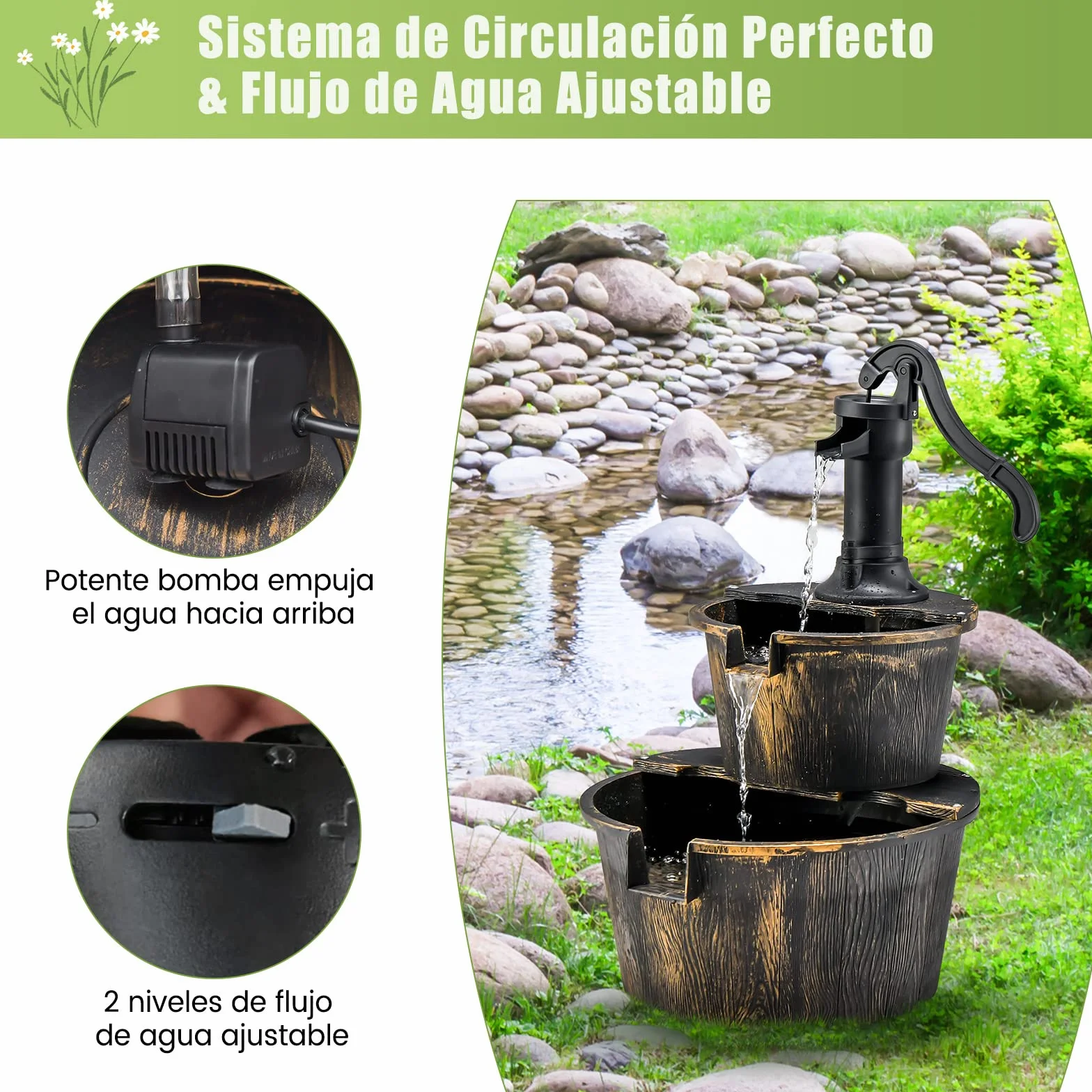 COSTWAY Fuente de Cascada de Barril al Aire Libre de 2 Niveles, Rústica con Bomba Ajustable, 68 cm para Jardín, Patio, Decoración