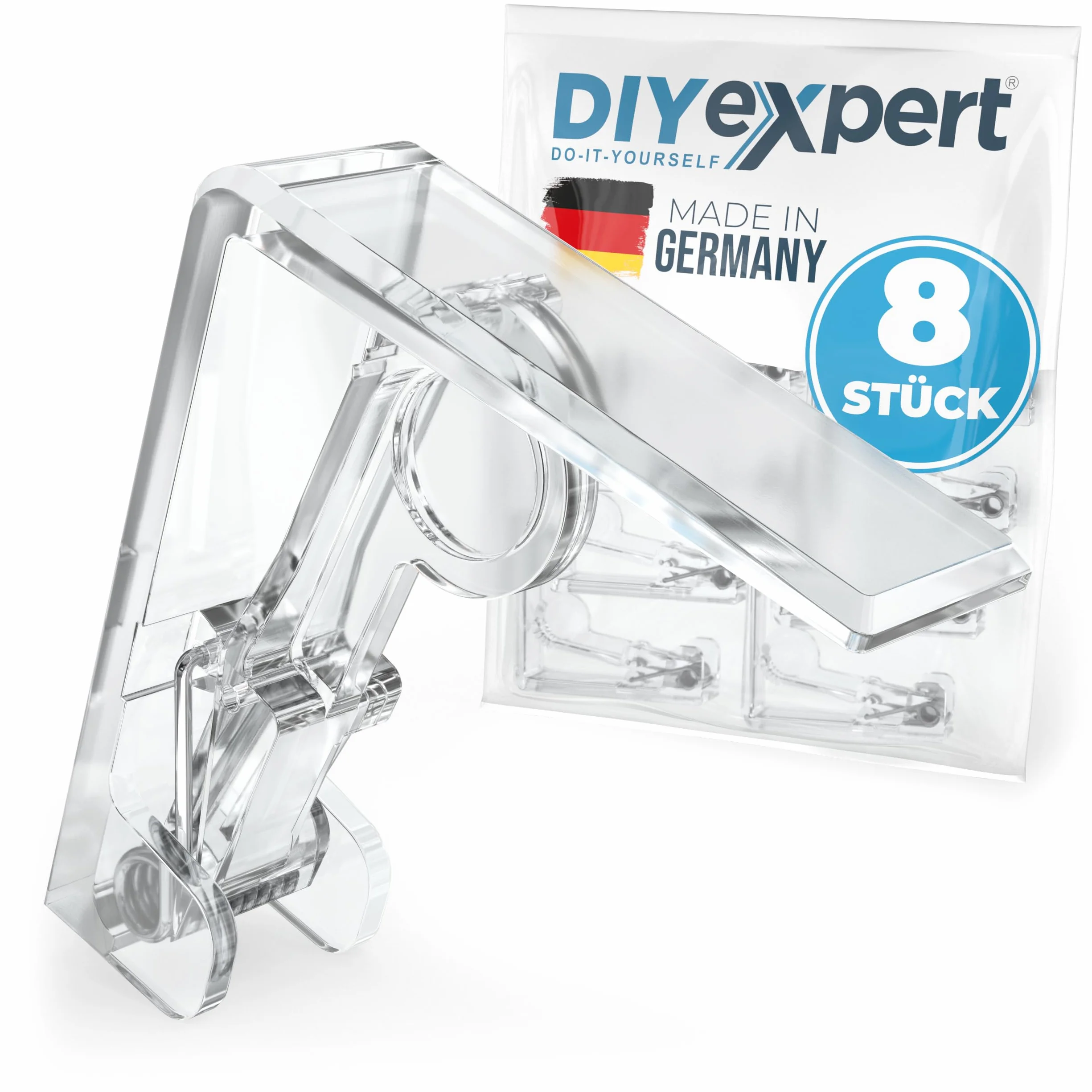 DIYexpert Pinzas para mantel transparentes, fabricadas en Alemania, 8 unidades, resistentes para mesas gruesas de hasta 45 mm, resistentes a la intemperie y antideslizantes, para jardín, balcón e