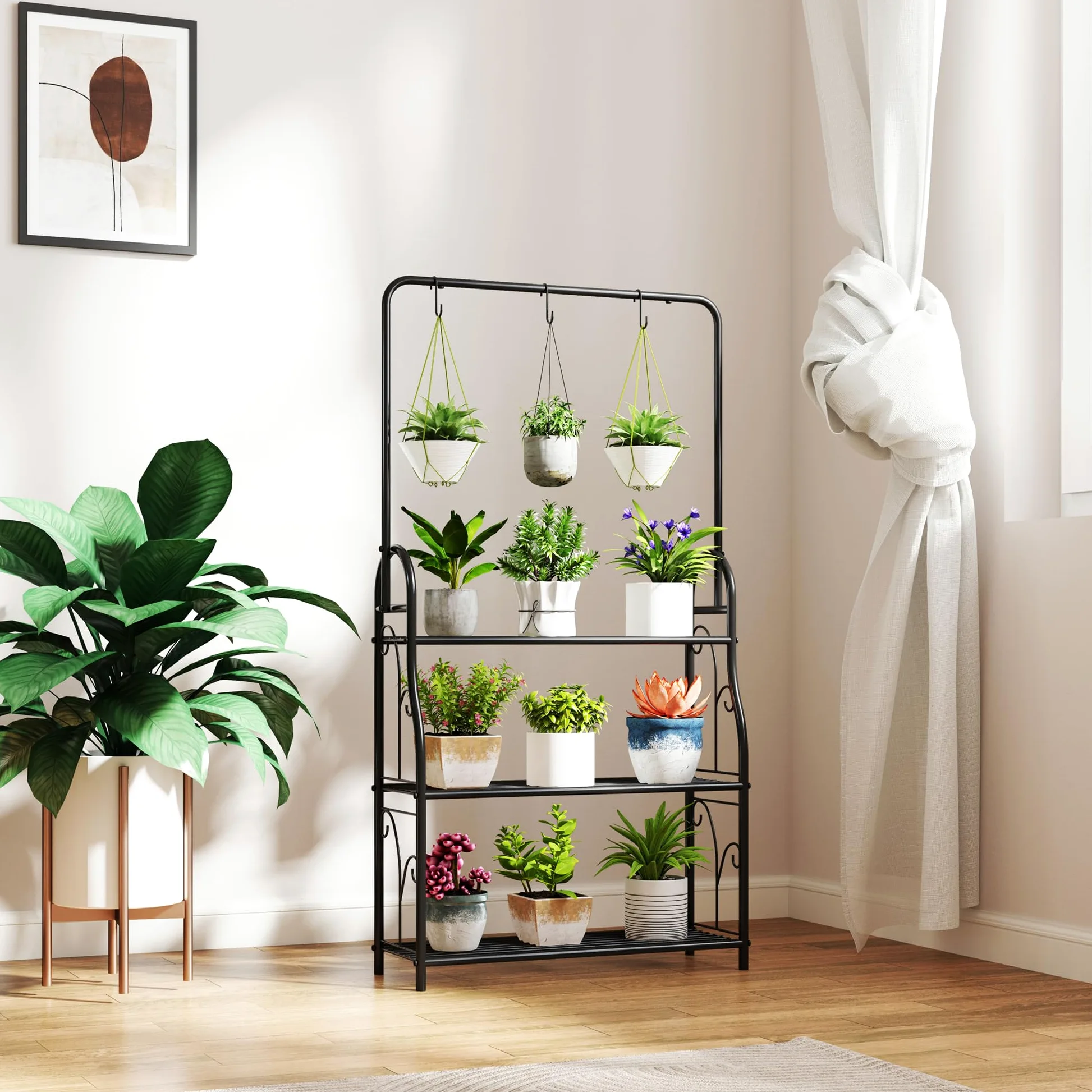 Outsunny Estantería para Plantas de 3 Niveles Soporte para Plantas con Ganchos de Metal Barra para Colgar Soporte para Macetas para Interior y Exterior Negro