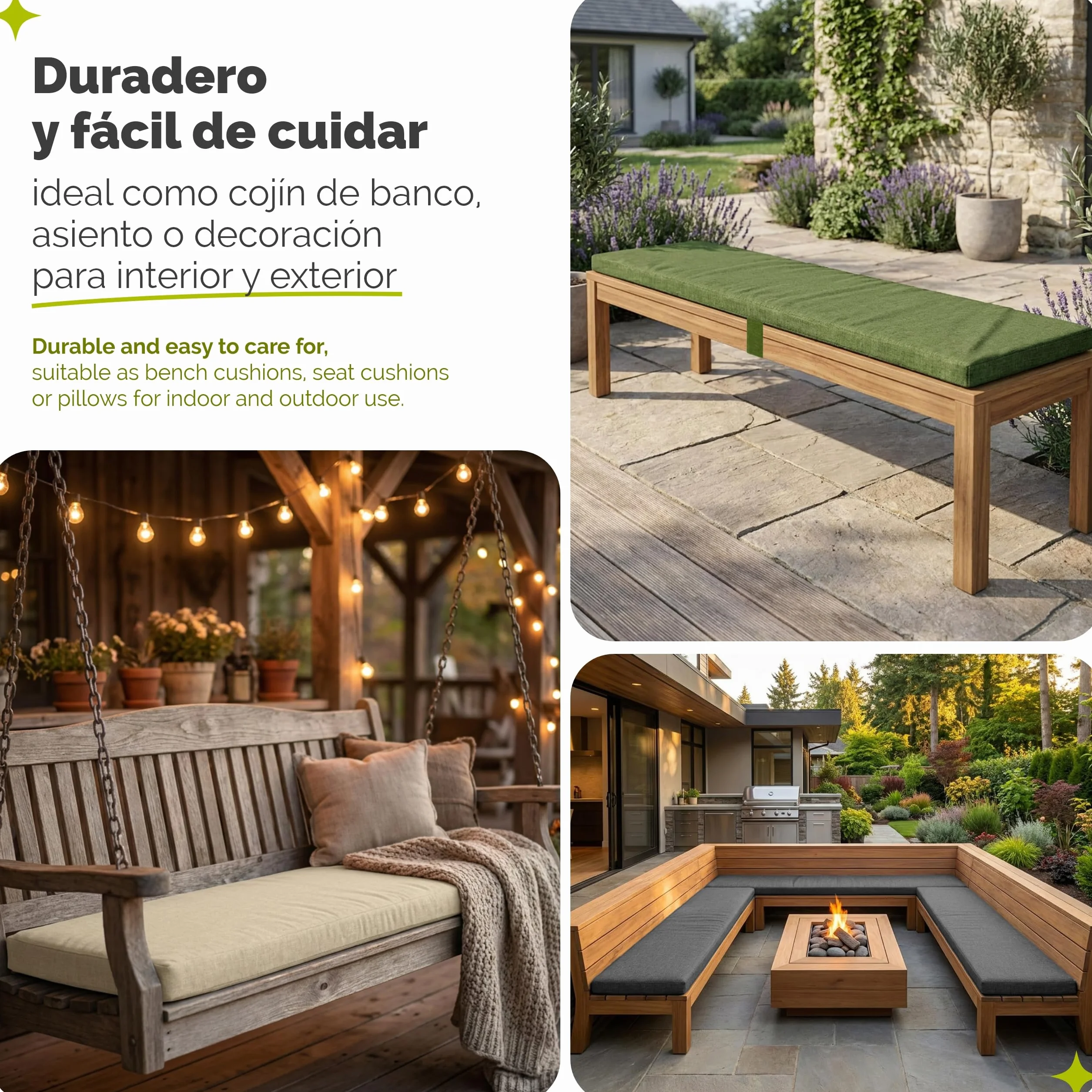 Garronda Cojín Impermeable para Banco 100x40 cm Aprox 4 cm Grosor Asiento Exterior para Banco de jardín y Columpio Acolchado Resistente UV con Cintas Gris Claro GD-0220