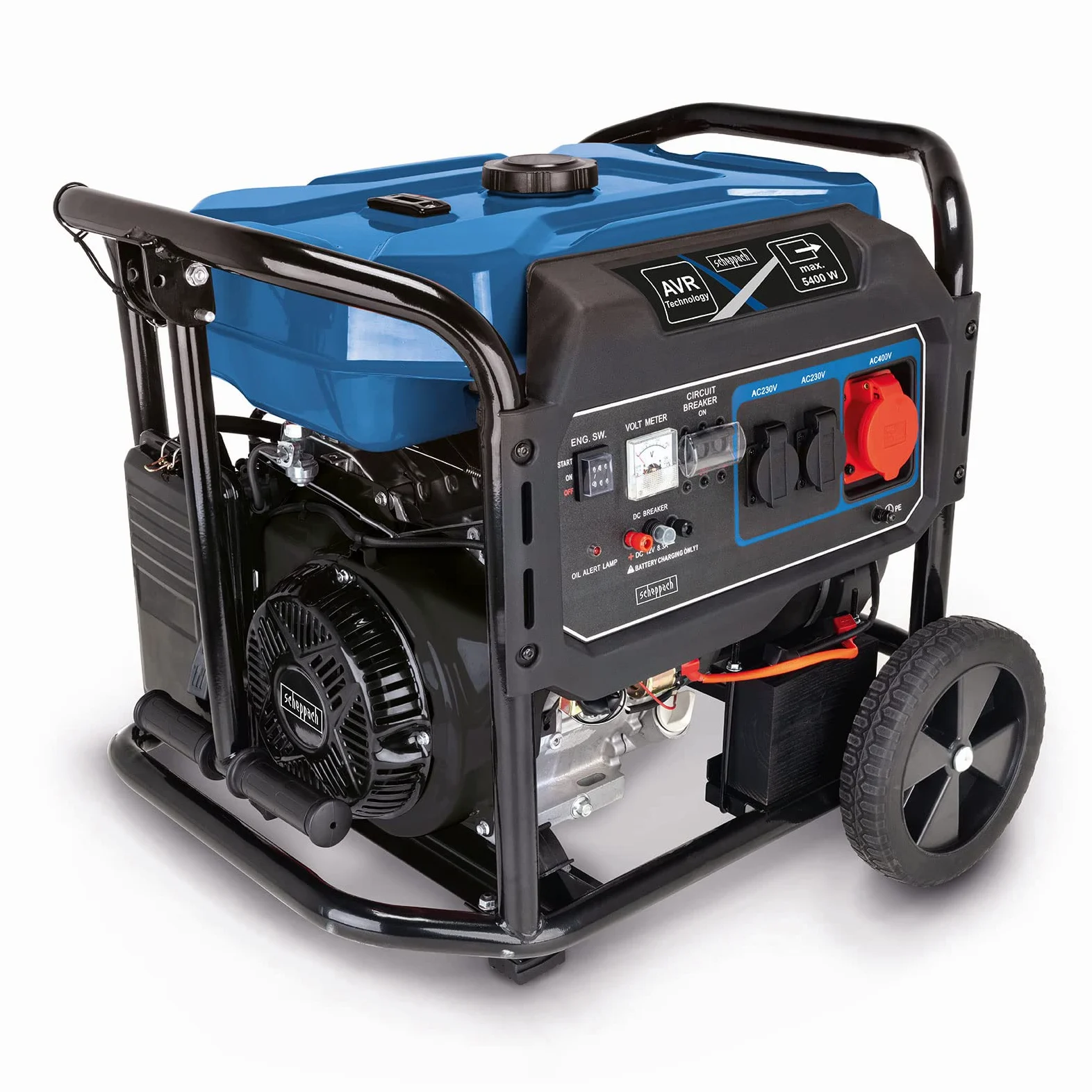 Scheppach Generador eléctrico de gasolina SG7100x con arranque electrónico, motor de gasolina de 4 tiempos con 12 CV, 5400 W de potencia, 2 x 230 V, 1 enchufe de 400 V, conexión de 12 V, depósito de