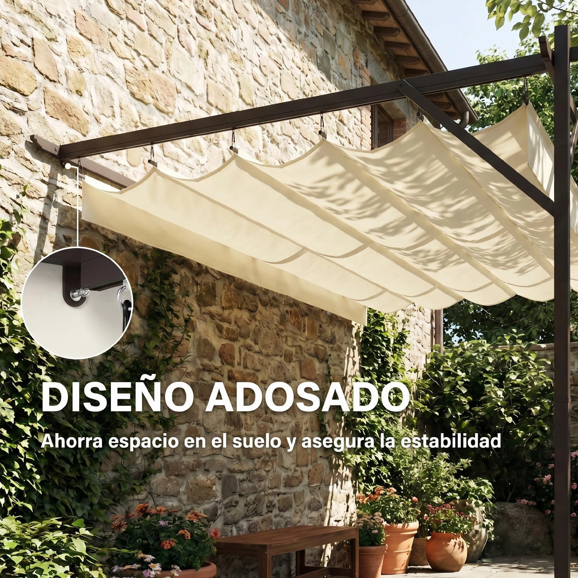 Outsunny Pérgola de Pared de Jardín 3x3 m, Cenador de Jardín con Techo Retráctil, Protección UPF30+, Orificios de Drenaje y Estructura Metálica, Pabellón para Patio, Terraza, Exterior, Blanco Crema
