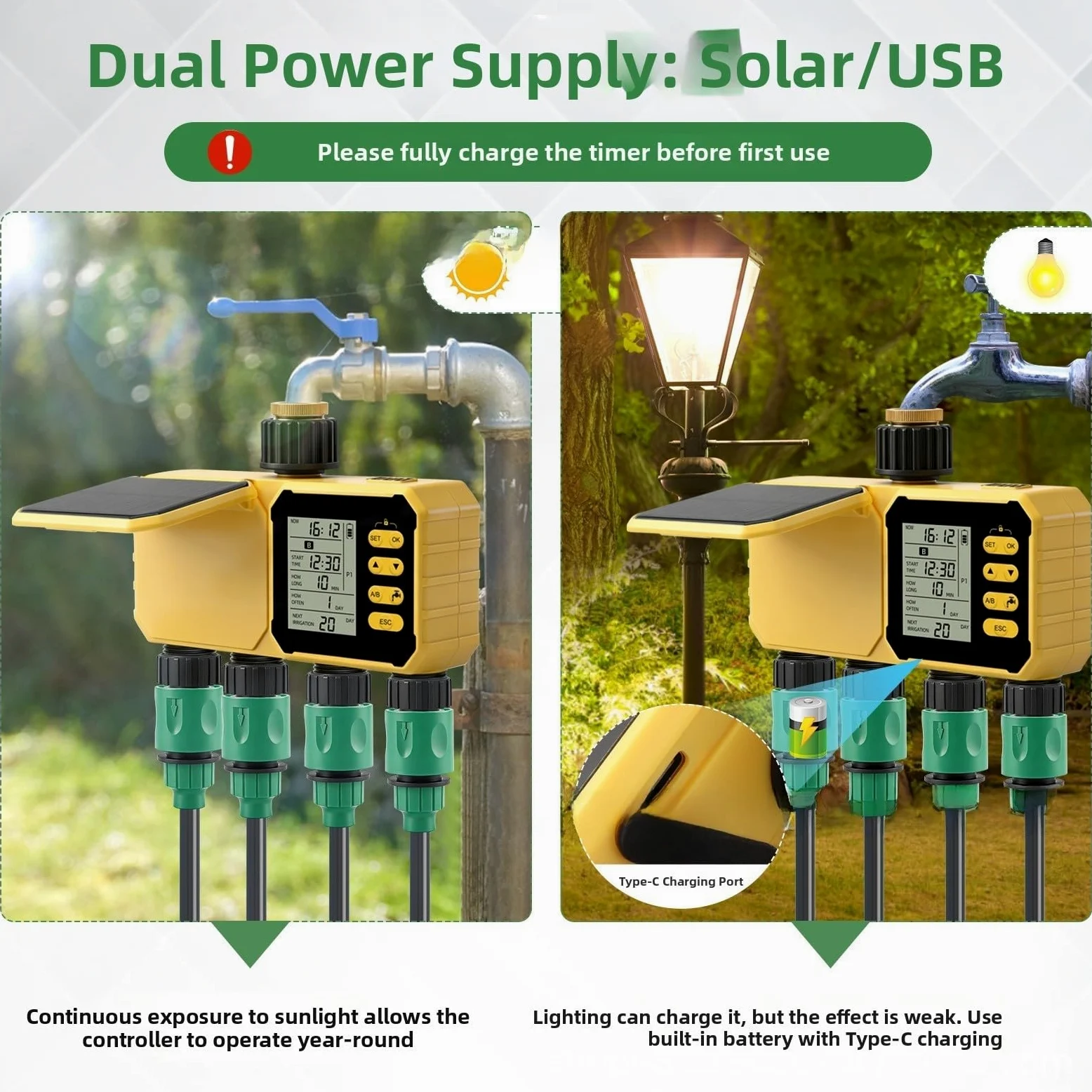 Sistema de riego automático, temporizador de aspersor de 4 canales, alimentado por energía solar, controlador programable de riego de jardín con respaldo USB, temporizador de grifo para exteriores
