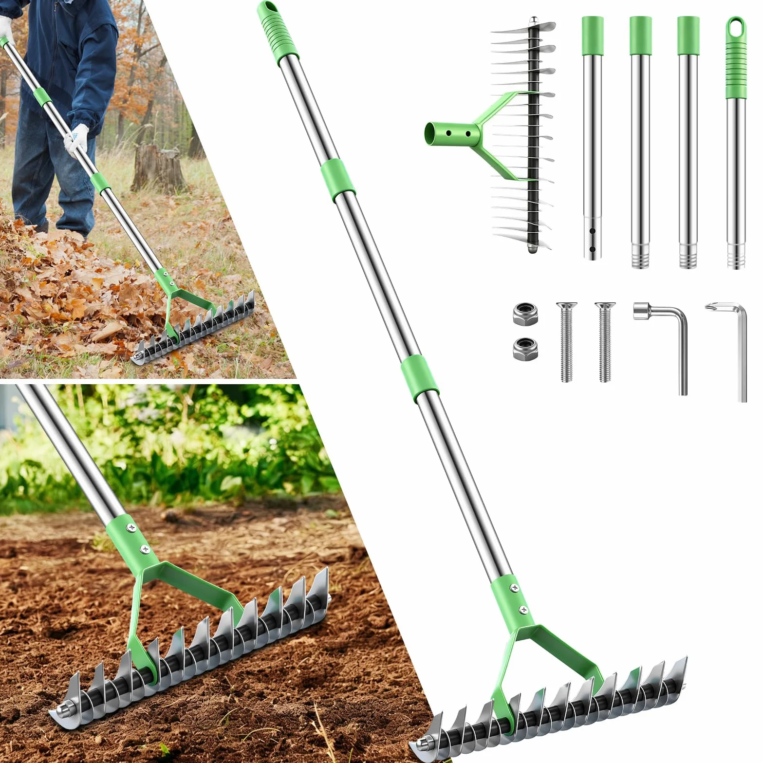 Rastrillo de paja para césped, rastrillos de jardín con mango ajustable de 160 cm con 21 dientes, rastrillo de jardín de 32 cm de ancho, resistente, rastrillos de césped para aflojar el suelo, césped