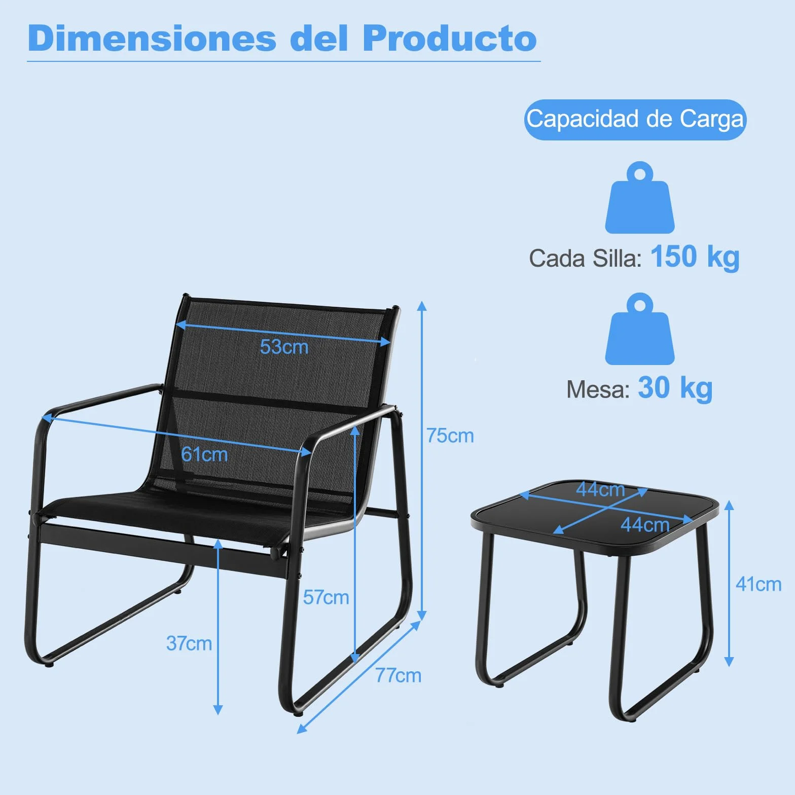 COSTWAY Conjunto Mesa y Sillas Jardin 3 Piezas, Conjunto Jardin Exterior Mesa y Sillas, 2 Siilas de Tela Transpirable y 1 Mesa Encimera de Vidrio Templado,Terraza Balcón (Negro)