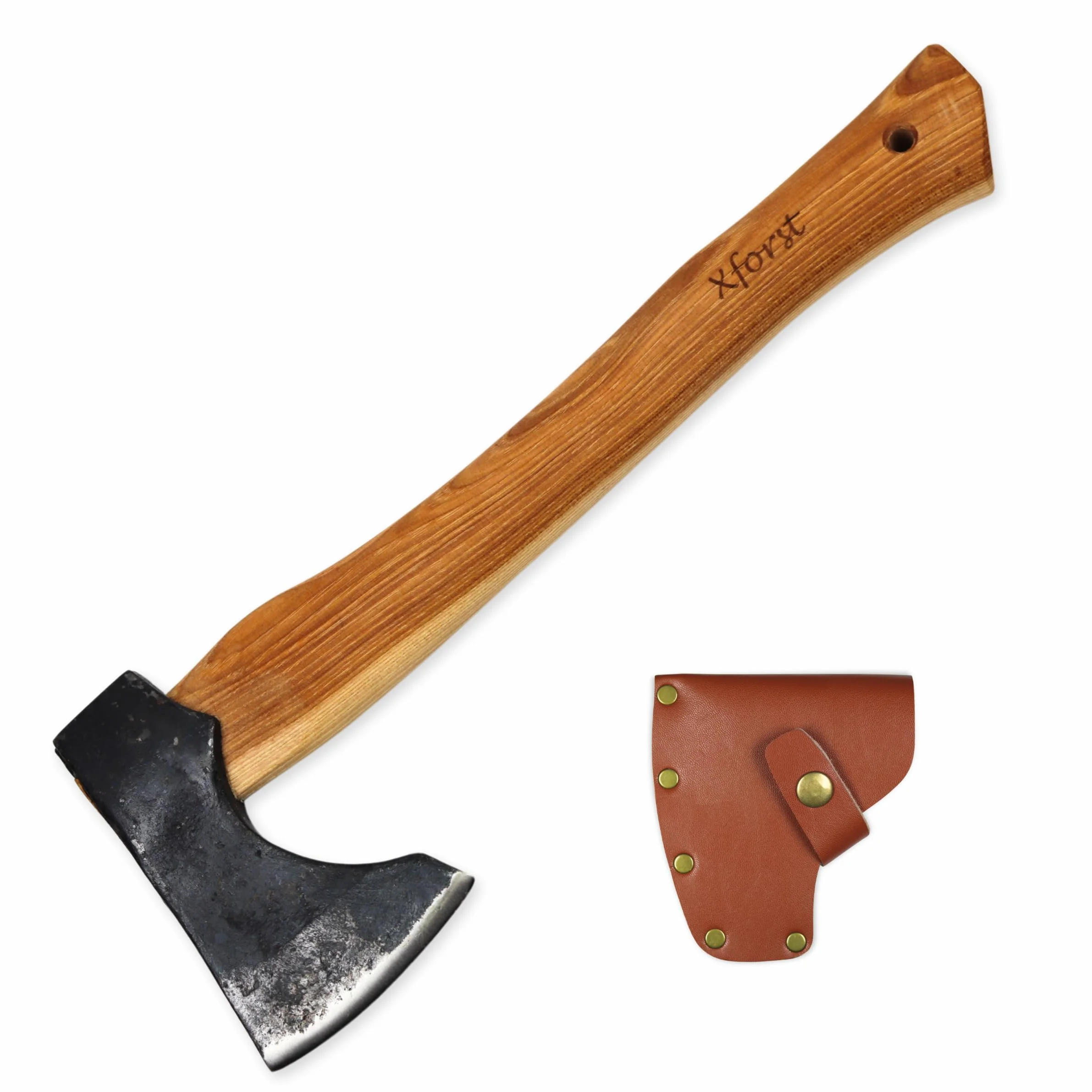 Xforst Hacha, Hachuela con vaina de cuero de acero al carbono forjado afilada, Hacha de mano de supervivencia - Modelo Vikingo X-TA5B