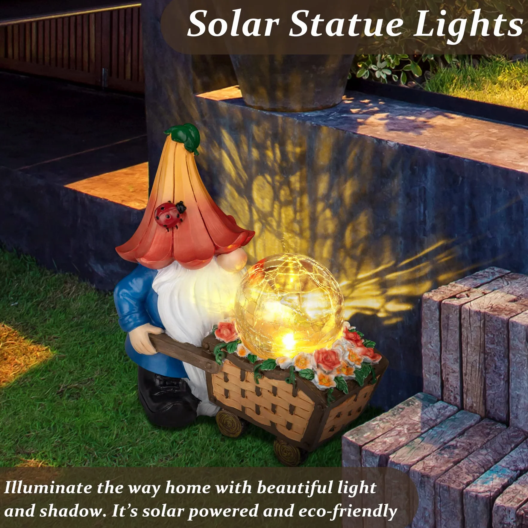 Gnomos de jardín para decoración al Aire Libre, gnomos solares, estatuas de Garden, decoración de jardín con orbe mágico con Luces LED, gnomo al Aire Libre para Patio