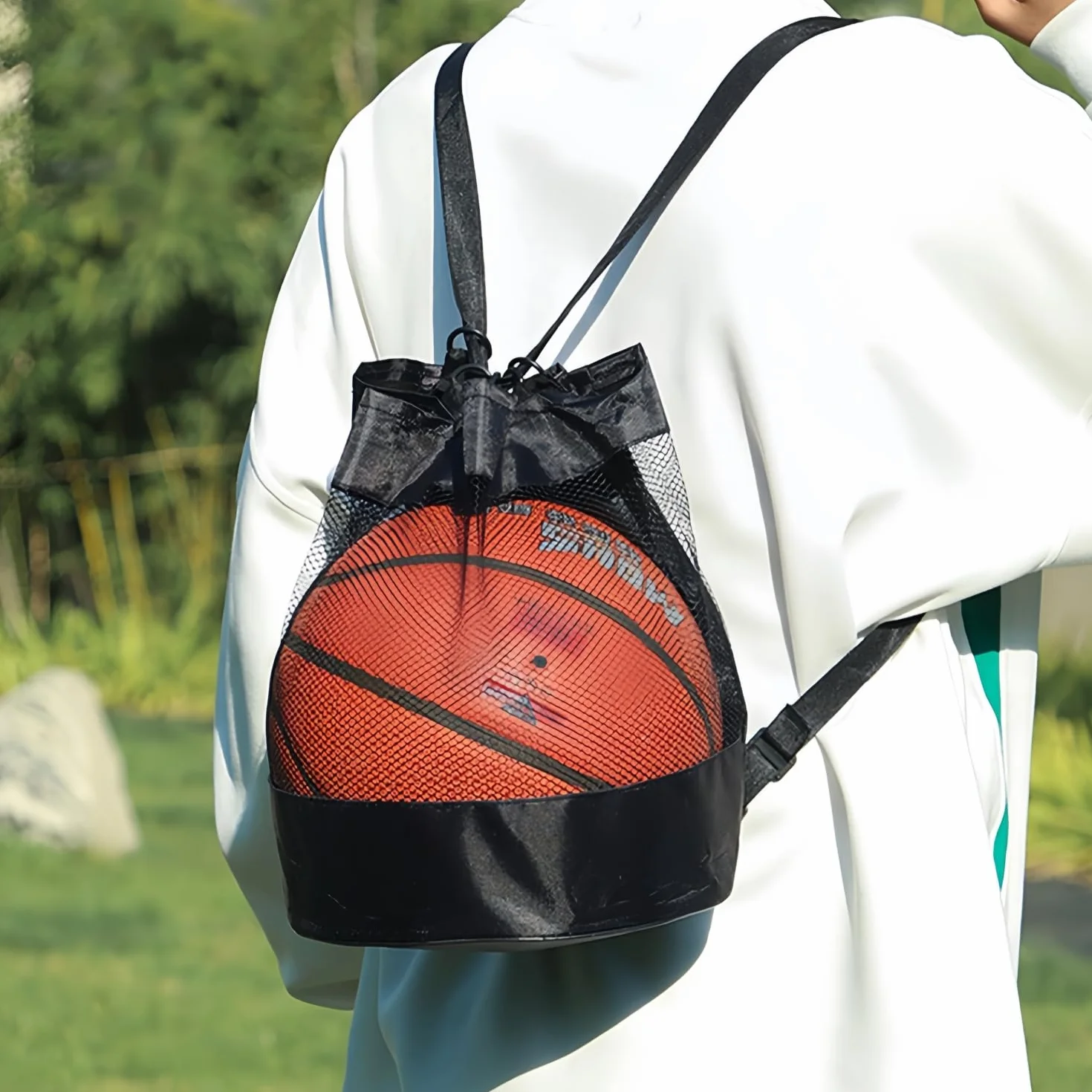Bolsa de Malla para Pelotas Mochila Baloncesto Deportiva Ajustable Negro