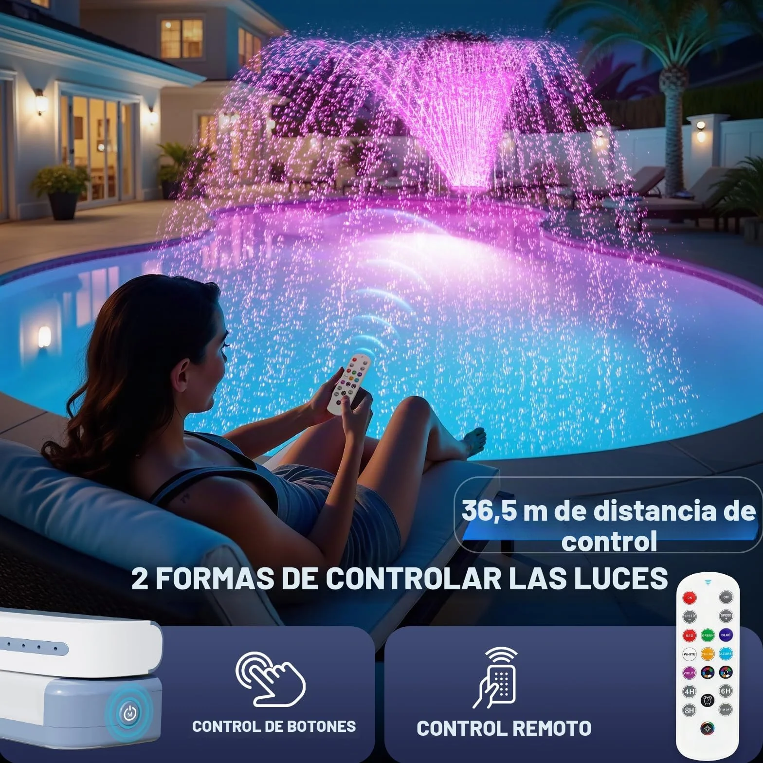 KingSom Fuente de Piscina con Luces de Colores, Fuente Piscina Cascada Recargable con Botones y Control Remoto, 10000 mAh Fuente de Luces para Piscina Elevadas y Enterradas, Fuente de Agua-Violeta