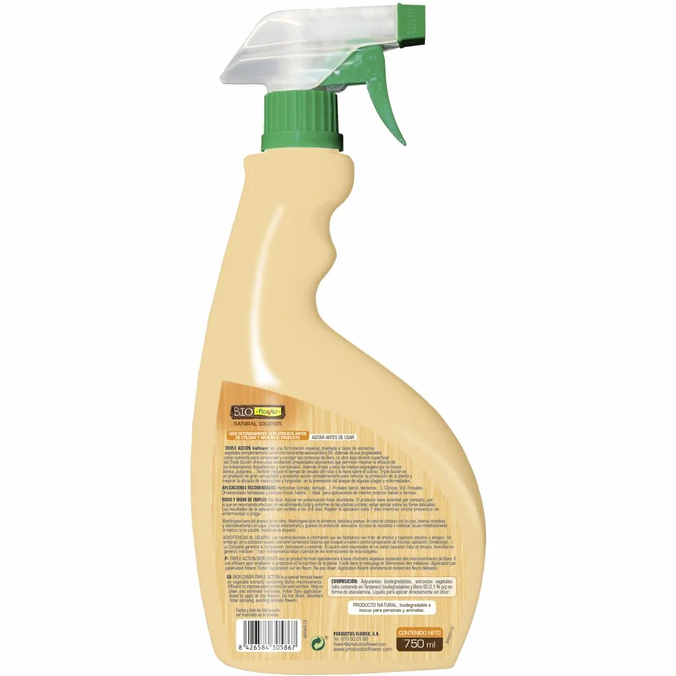 BioFlower - Triple Acción Ecológico 750 ml | Insecticida, Fungicida y Secante | Boro y Extractos Vegetales Biodegradables | Apto Agricultura Ecológica | Listo Para Usar