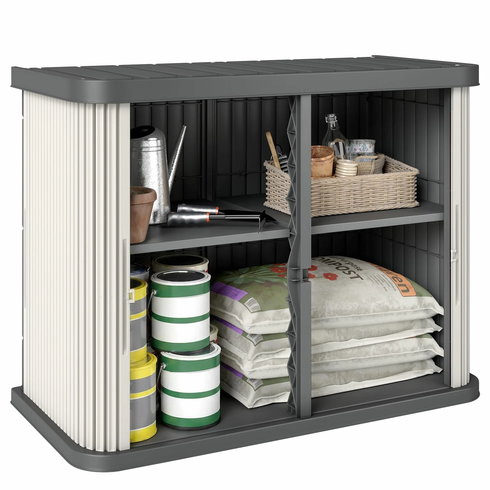 Outsunny - Caja de almacenamiento exterior (480 L, 2 niveles, con puertas correderas, caja de jardín resistente a los rayos UV, para jardín, terraza, 120,5 x 59,5 x 92 cm, color marrón claro