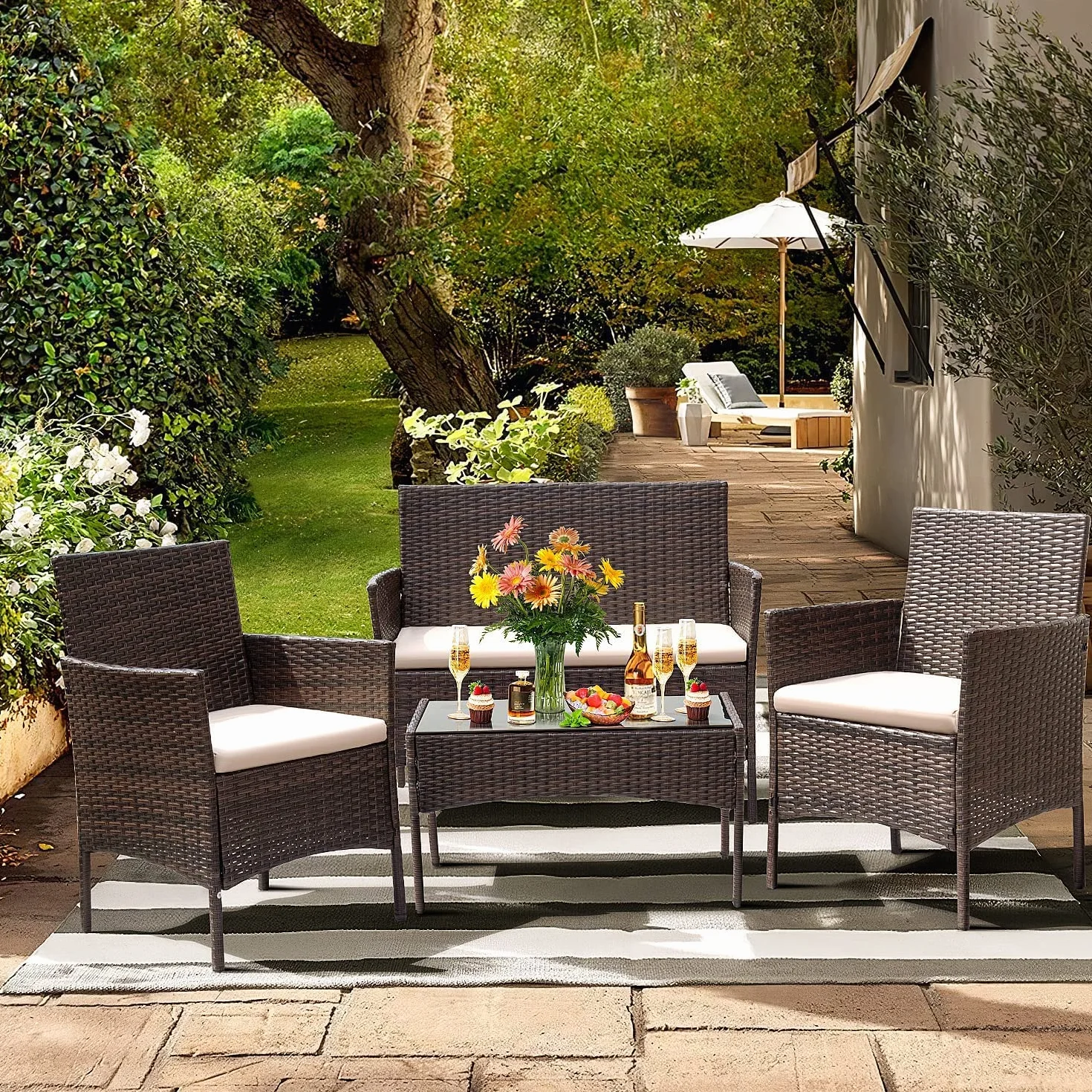 Conjunto Jardin Exterior Muebles Terraza Exterio de Ratán Marrón 4 Piezas Set,2 Sillones,1 Sofá de Doble Asiento y 1 Mesa para 4 Personas para Patio Terraza Exterior