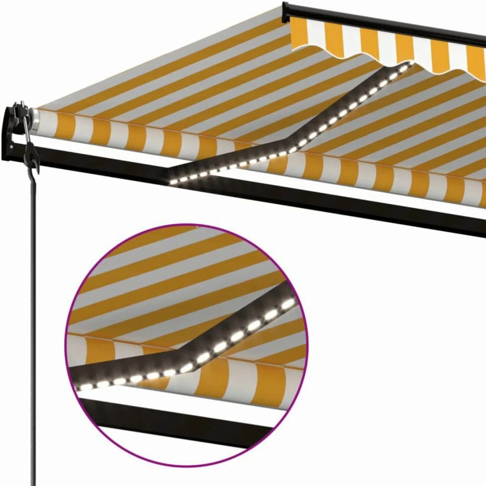 Toldo automático con iluminación LED y sensor de viento, 500 x 350 cm, marco de aluminio recubierto de polvo, protección solar impermeable y resistente a los rayos UV para jardín, balcón