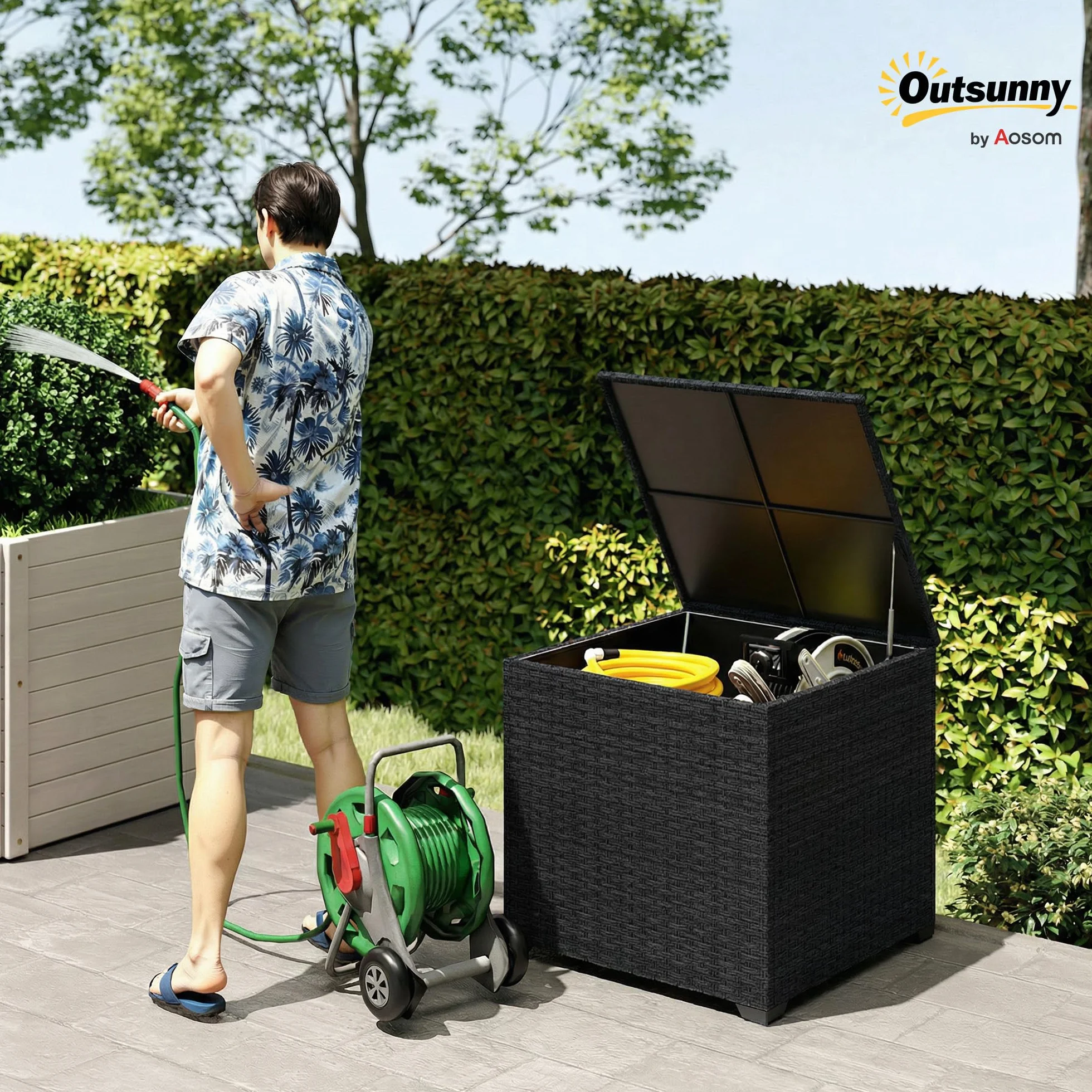 Outsunny Baúl de Almacenaje Exterior de Ratán Sintético de 253L, Arcón Exterior con Varilla Hidráulica, Forro con Cremallera y Marco de Acero, Carga 50 kg, para Jardín, Terraza, 72x72x70 cm, Negro