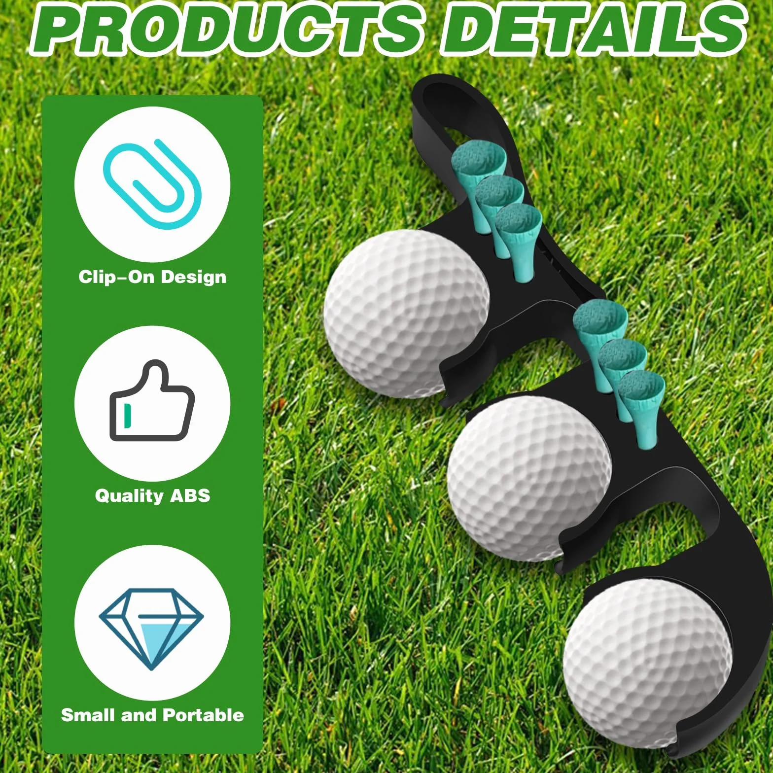 Soporte 2 en 1 para Pelotas de Golf, liberación rápida, Gancho, Negro, Capacidad 3 Pelotas/6 Tees