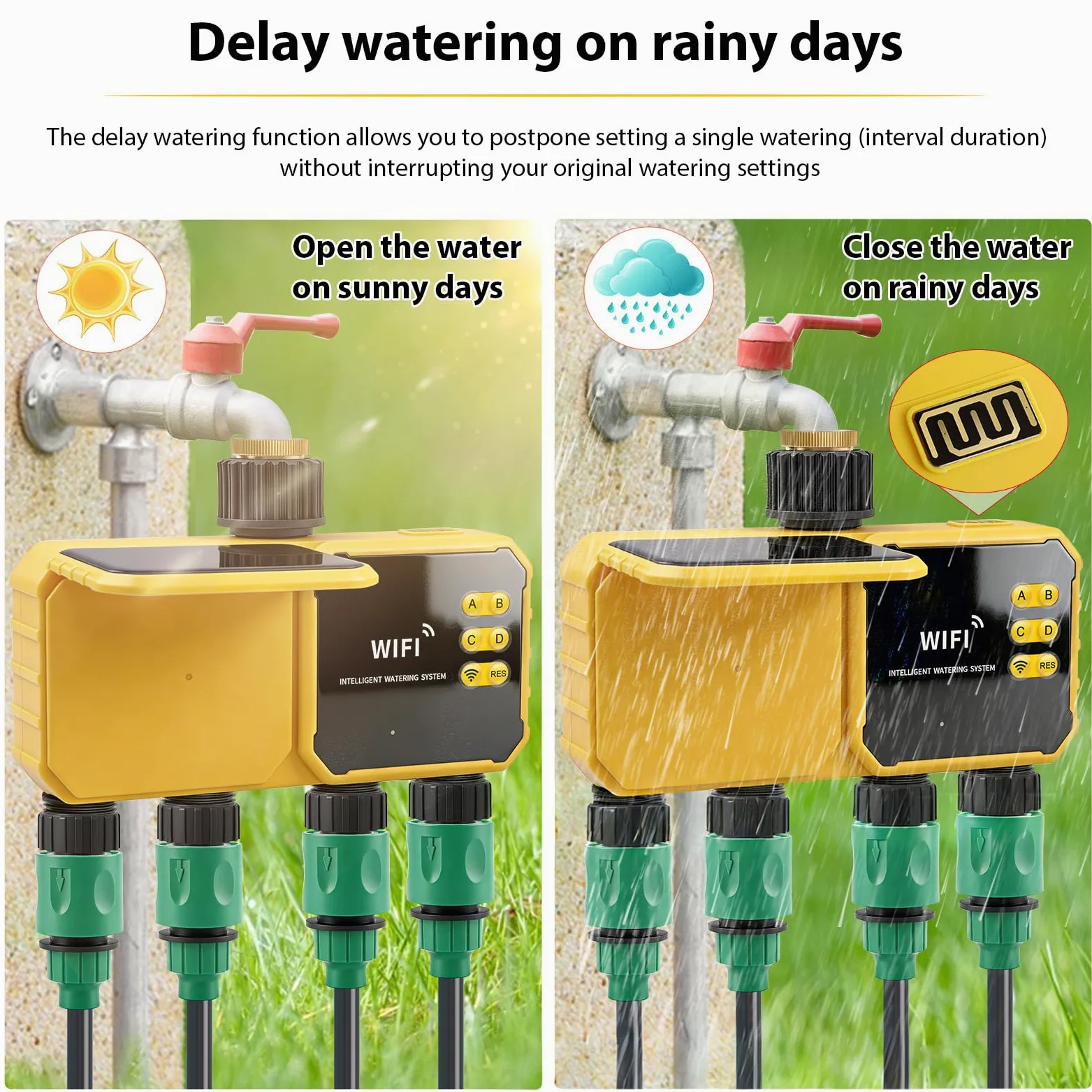 Temporizador de Riego Inteligente, Temporizador de Agua WiFi para Manguera Jardín, Control Aplicación, Sensor Lluvia, Riego Jardín 4 Zonas para Exteriores,
