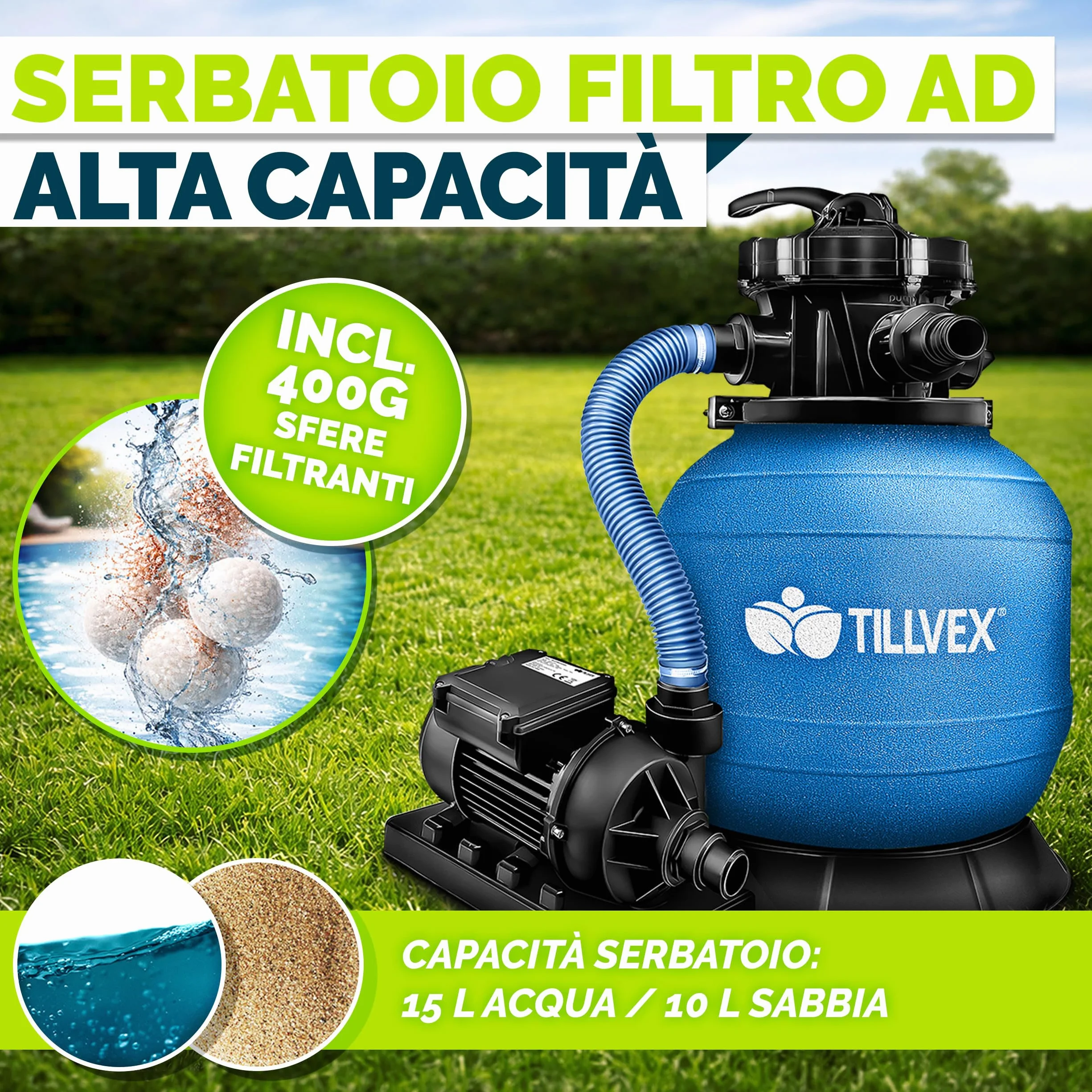 tillvex Depuradora de Agua para Piscina 7.900L/h + 400g Bolas de Filtro | 7 Funciones de Filtrado & Adaptador Ø32-38mm | Filtro de piscina con indicador de presión (Azul)