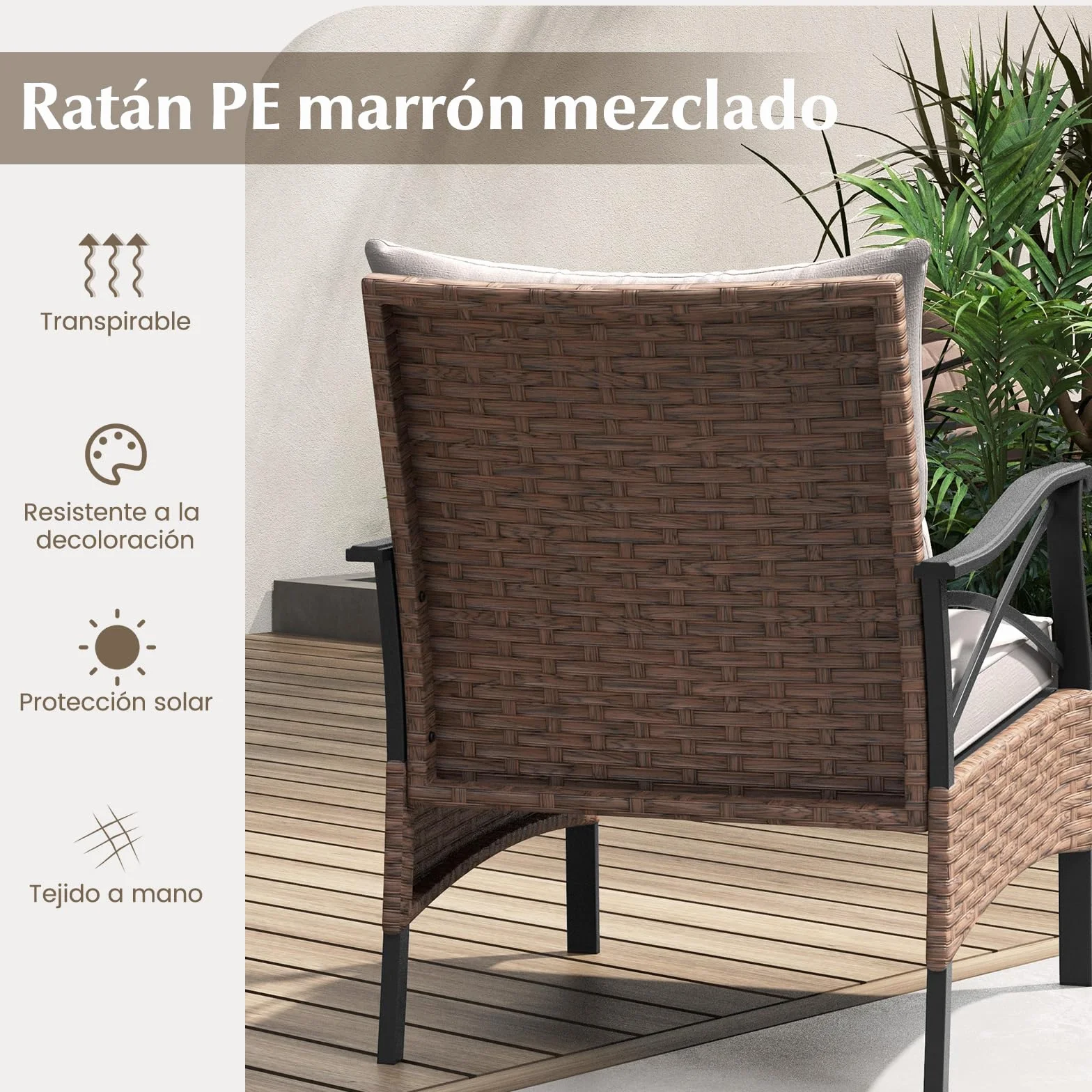 COSTWAY Conjunto Mesa y Sillas Jardin 5 Piezas de Ratán,1 Mesa Auxiliar de Vidrio Templado, 2 Sillas de Ratán PE y 2 Otomanas, Cojines Extraíbles,Conjunto Jardin Exterior Balcon Terraza (Marrón+Gris)