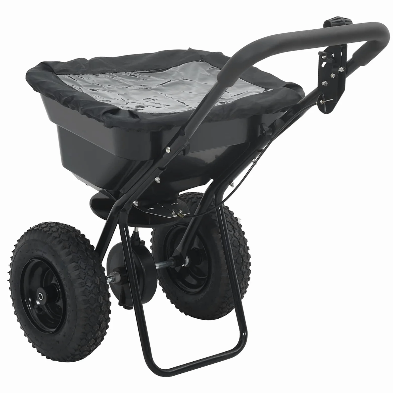 Esparcidor negro de PVC y acero 53 x 81,5 x 78 cm, esparcidor de mano y abono para jardín, patio, acera, bancal, ideal para sembrar, fertilizar, distribuir, esparcir semillas de césped y sal de