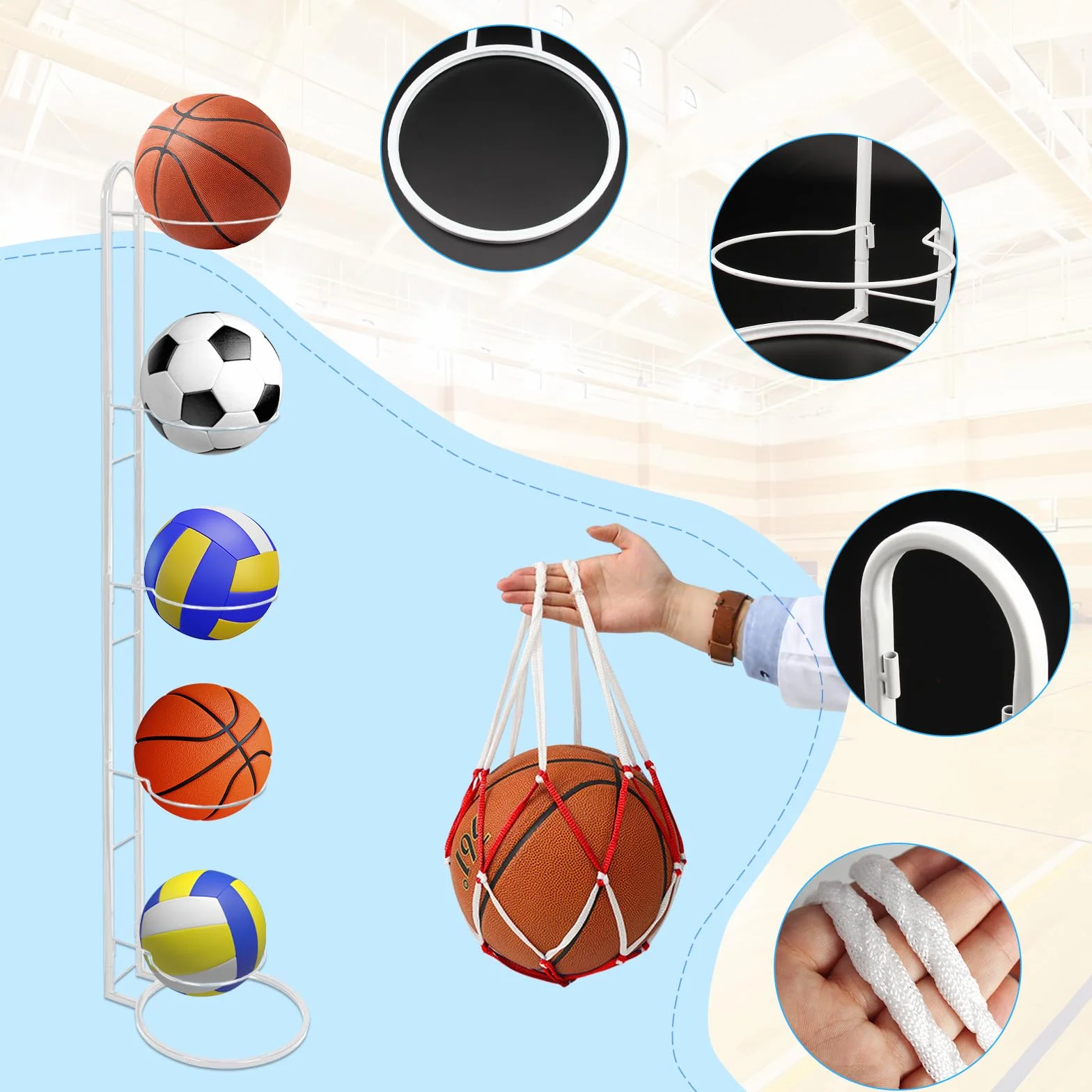 Soporte Balón Fútbol 5 Niveles Vertical con Bolsillo Malla Almacenamiento Hierro Extraíble Estable Baloncesto Fútbol Voleibol