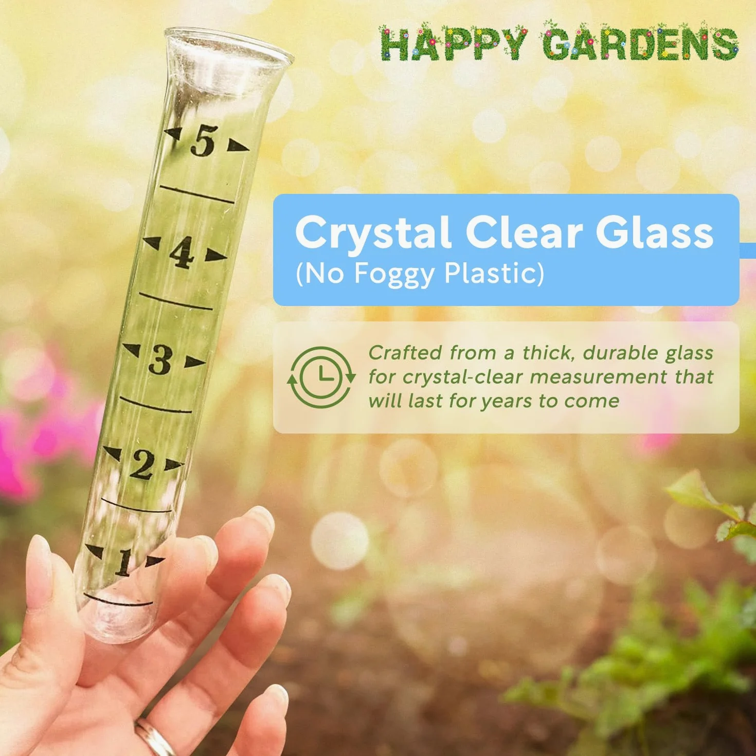 Happy Gardens Tubo de vidrio de repuesto para pluviómetro (soportes de ajuste de precisión) más medidores genéricos/estándar para patio, valla y cubierta de agua al aire libre, 5 pulgadas