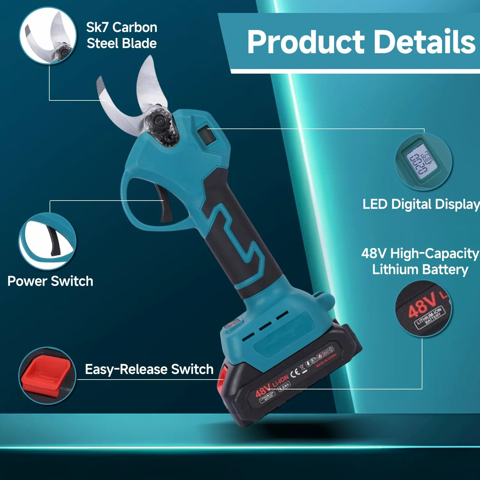 Tijeras De Podar Eléctricas Con Batería Sin Cable, Corte Máximo 25 mm Con Cuchillas De Acero SK5 E Interruptor De Seguridad, 2 Baterías 3000 mAh Para Podar Árboles, Viñas y Arbustos