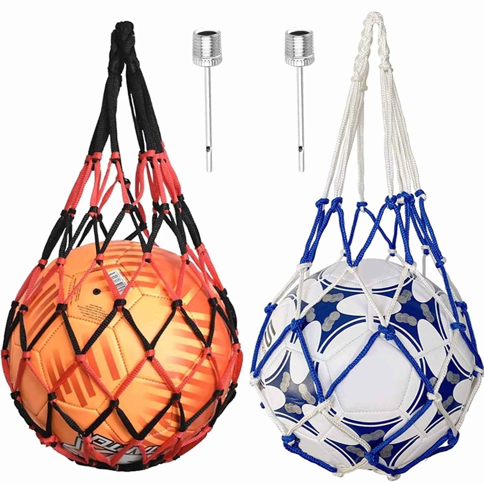 Red de Pelota Portátil, Juego de 2 Bolsas para Redes de Baloncesto, Fútbol, Transporte de Pelota, 2 Pasadores (Azul Blanco + Negro Rojo)