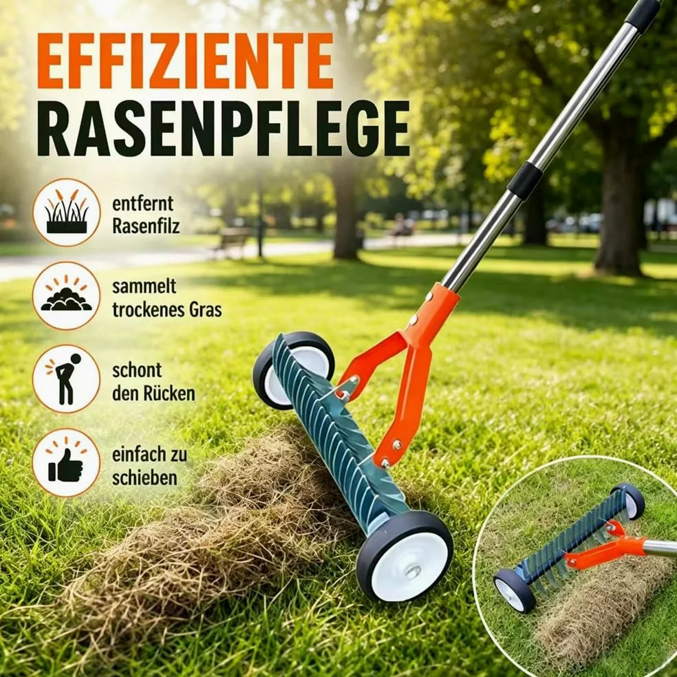 Escarificador Manual con Ruedas, Mango Ajustable 165 cm, Bolsa para Residuos, Jardín