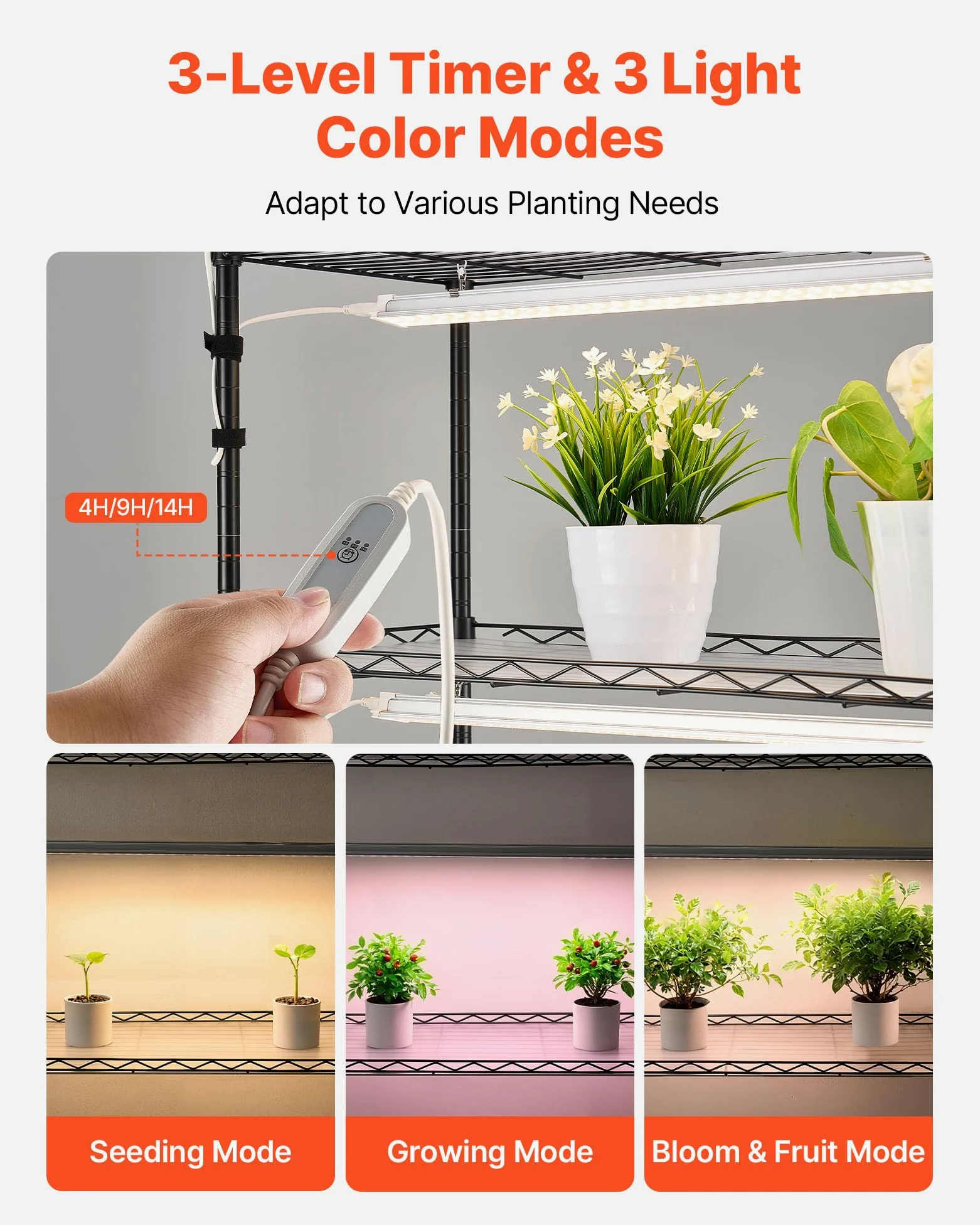 VEVOR Soporte para Plantas con Luz de Cultivo 6 Niveles 180 cm 150 W, Estante para Plantas con Ruedas, Temporizador de 4/9/14 H, 3 Modos de Iluminación, para Crecimiento de Planta, 750x350x1800 mm