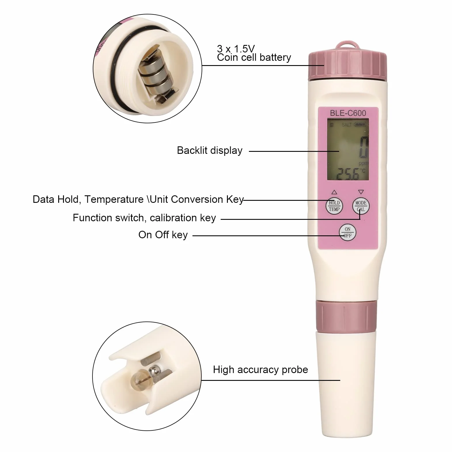 Zunate Medidor de PH Digital, 7 en 1 Bluetooth PH, TDS, EC, ORP, SG, Bolígrafo Probador de Salinidad Y Temperatura 0.01 Alta Precisión para Bebidas Domésticas, Hidroponía, Piscinas Y Acuarios