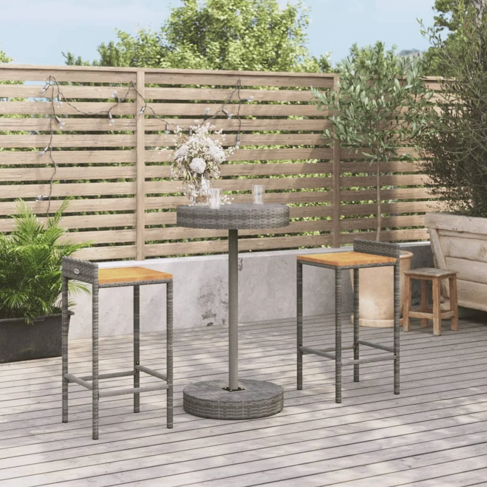 ZEYUAN Mesa y taburetes Altos jardín 3 pzas Madera y ratán PE Gris, Mesa Y Sillas Terraza Exterior, Mesa Y Sillas Jardin, Conjunto Mesa Y Sillas Terraza, Muebles Jardin Exterior 3187715