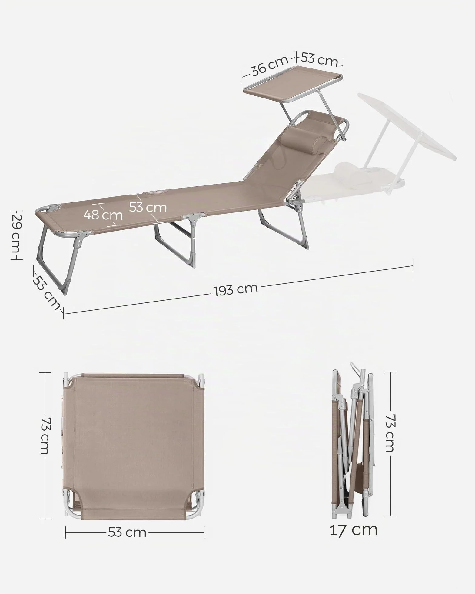 SONGMICS - Tumbona Plegable, Tumbona, 193 x 53 x 29 cm, Capacidad de Carga 150 kg, con Parasol y Respaldo reclinable, para jardín, Piscina, terraza, Color Topo GCB192K01