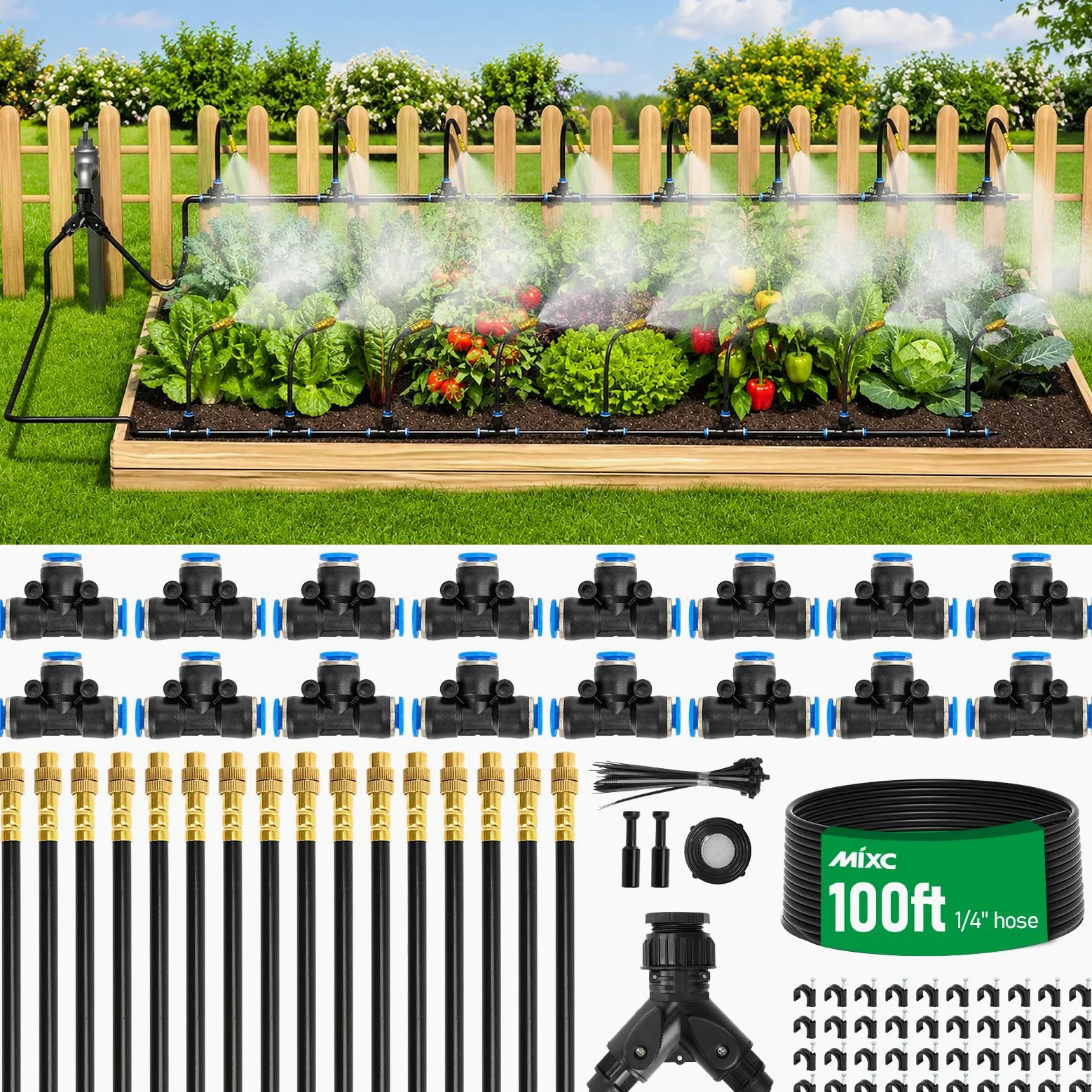 Mixc Sistema de riego por goteo de 100 pies, kit de riego de jardín actualizado 2025 con 16 boquillas de cobre ajustables, sistema de riego atomizador automático para plantas al aire libre, cama