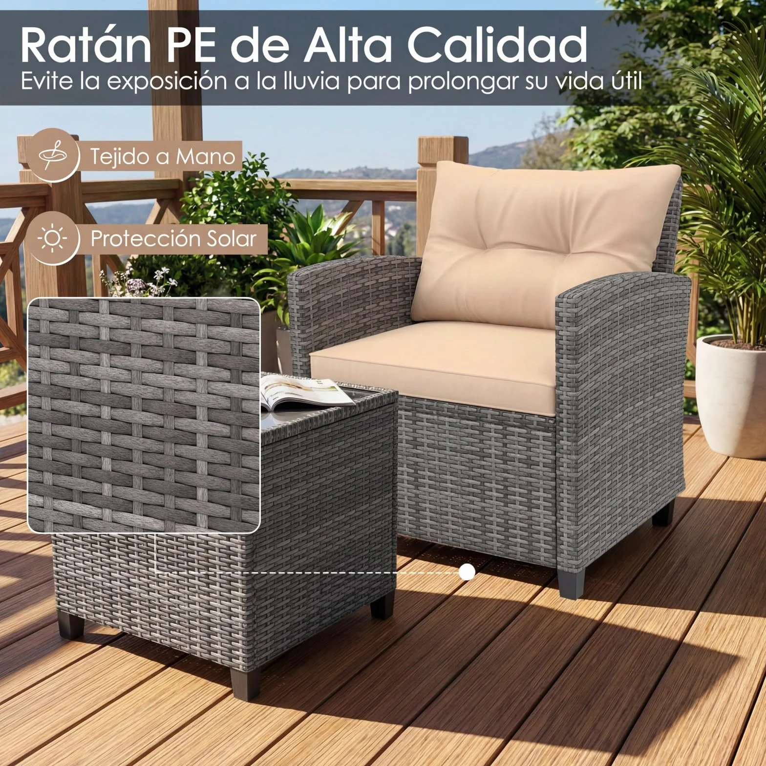 GIANTEX Conjunto de Muebles Jardín 3 Piezas, Mesa y Sillas de Exterior de Ratán PE con Cojines, Mesa con Tablero de Vidrio, para 2 Personas, para Terraza, Patio, Balcón (Gris+Marrón)