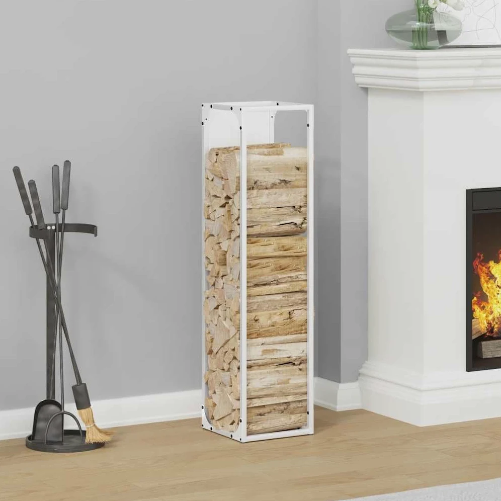 Estantería para leña blanca de acero laminado en frío, 25 x 25 x 100 cm, 100 kg de carga, leña para chimenea, soporte para leña para interior, salón, chimenea, horno y almacenamiento en seco
