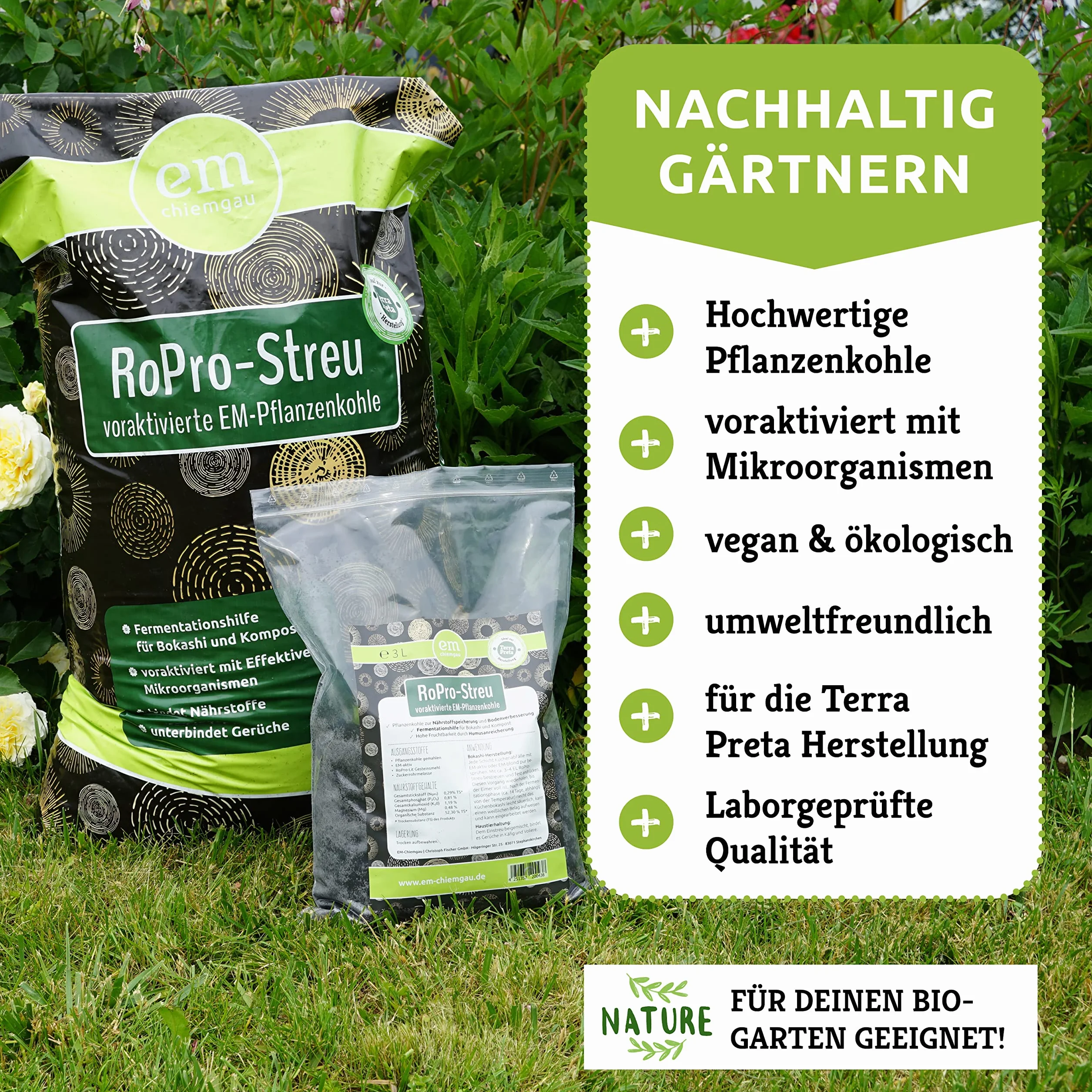 EM-Chiemgau RoPro-Streu - Carbón vegetal (3 L, activador de raíces, activador de suelo y acelerador de compostaje [preactivado con microorganismos efectivos] para Terra Preta, Bokashi, desarrollo de