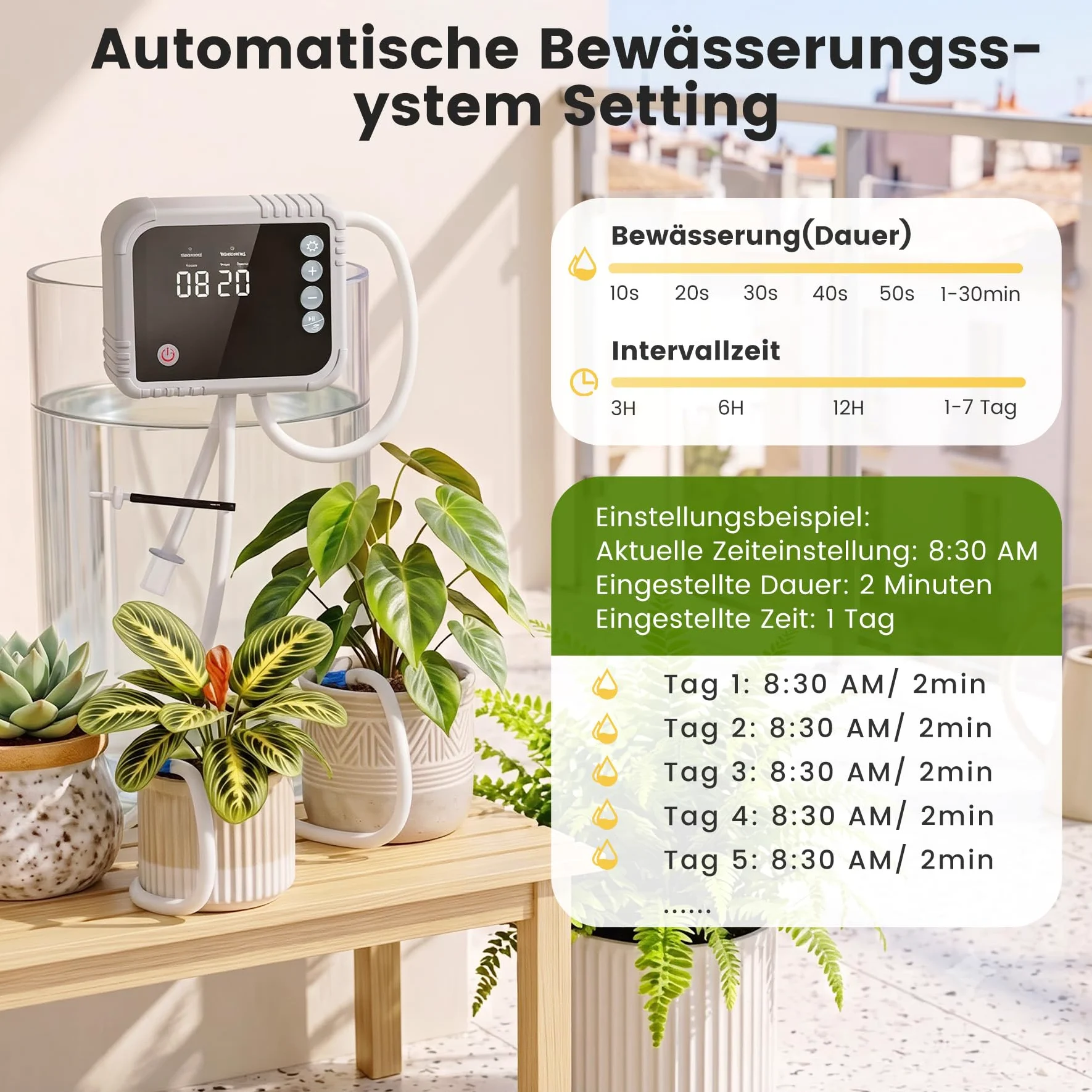 Sistema de riego automático de riego por goteo para riego de plantas interior, pantalla LCD, suministra hasta 15 macetas, 350 modos para vacaciones, balcón