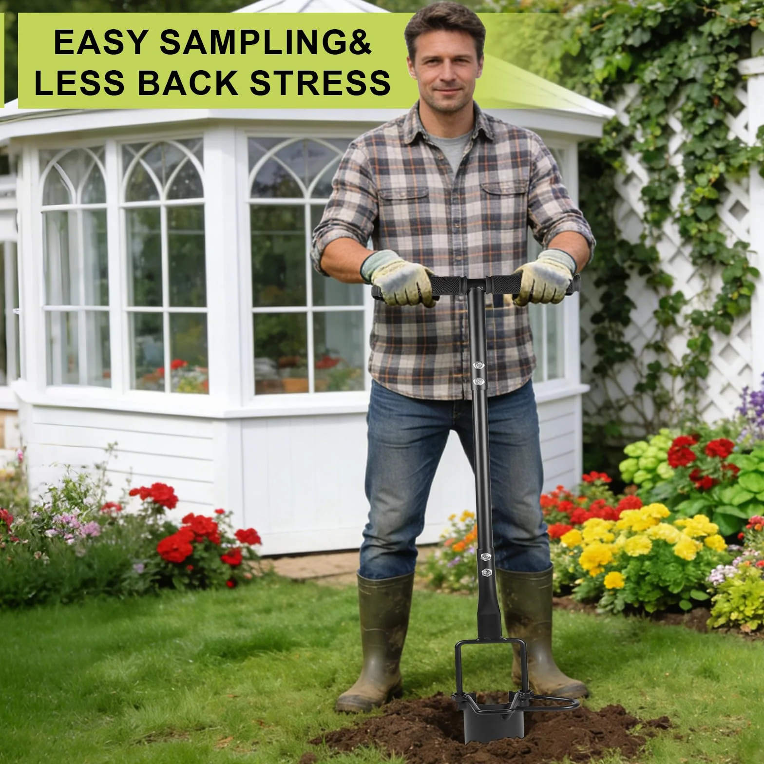 EXLECO Plantador de Bulbos 94 cm, Herramienta Jardinería Manual con Soporte para Pisar y Borde Dentado