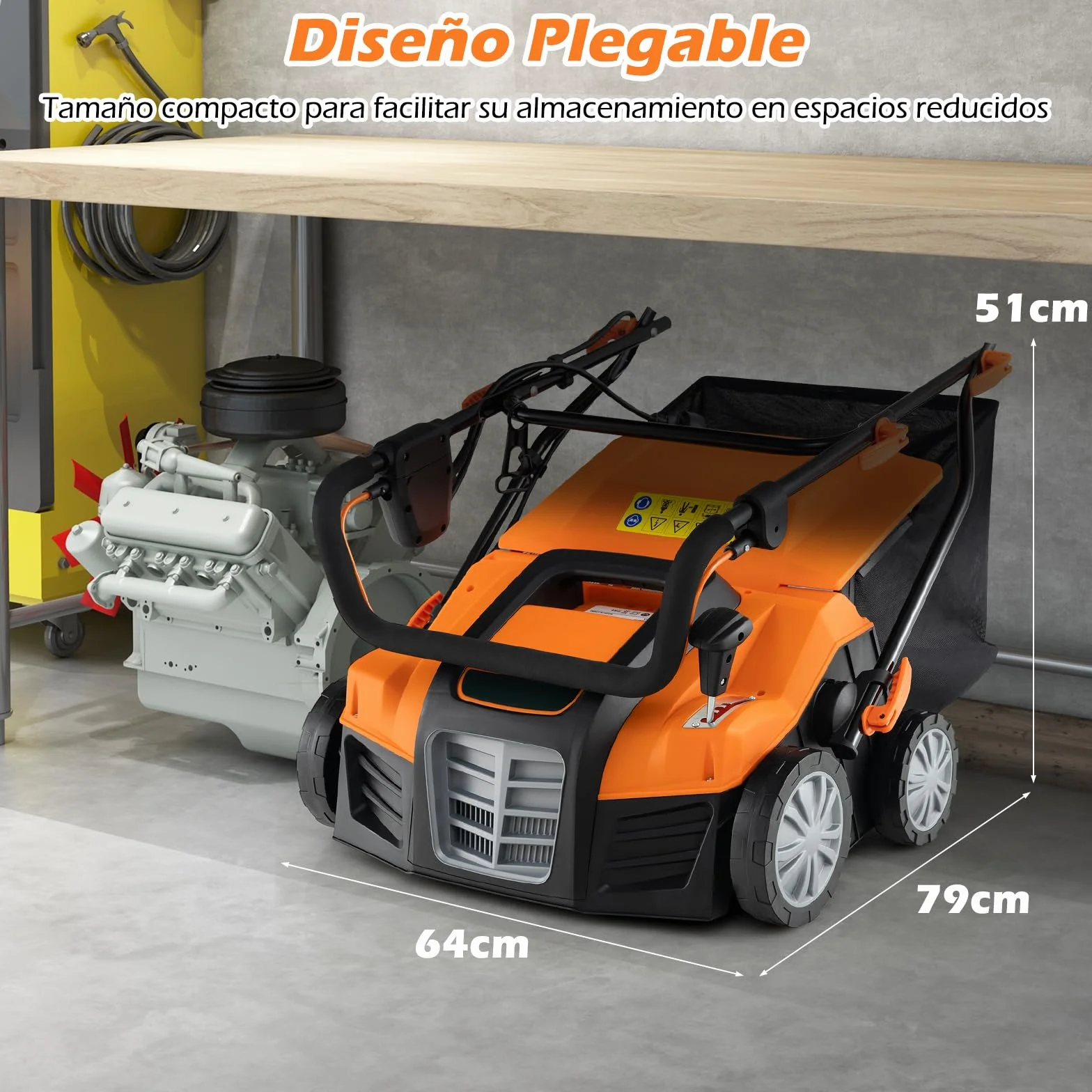 GOPLUS Escarificador Eléctrico, Cortacésped de Empuje con Ajuste de Profundidad de 5 Posiciones, Bolsa de Recolección Desmontable 55 L, Rastrillo Eléctrico Plegable para Cuidado del Césped (Naranja)