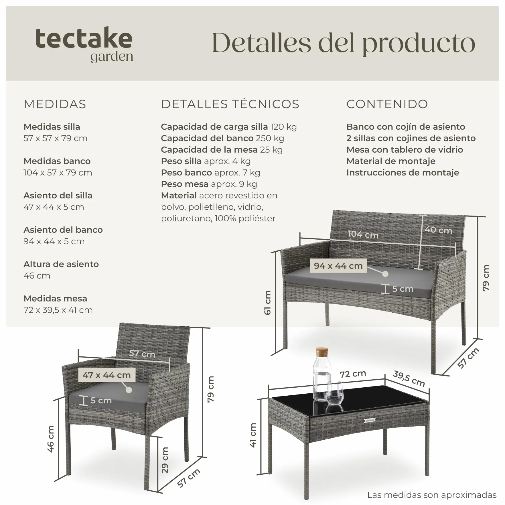 tectake® Conjunto Jardin Exterior de Ratán, Muebles Jardin Exterior para 4 Personas, Muebles Terraza con Mesa de Vidrio, Sofa Exterior y Sillas con Cojines Lavables, Sillon Cómodo - Gris