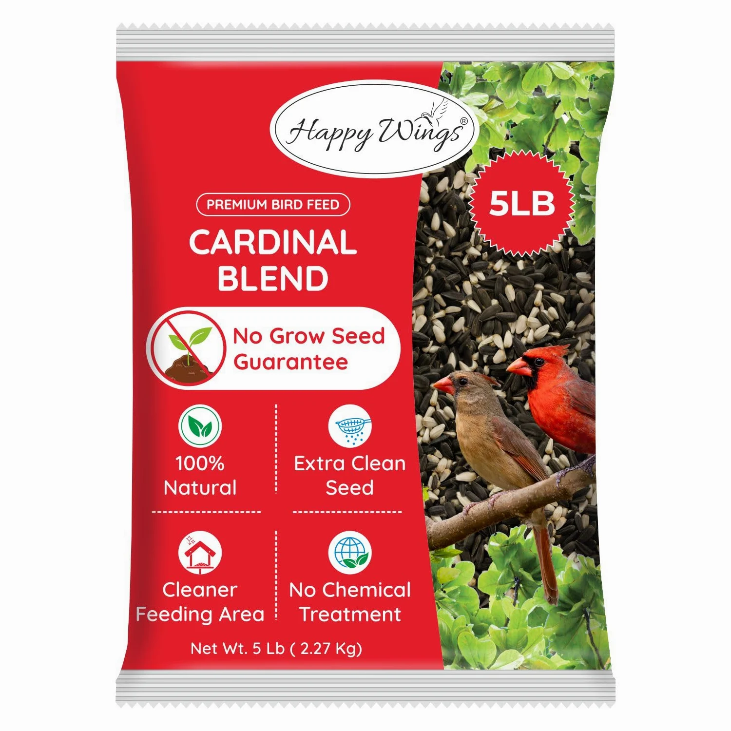 Happy Wings Comida para pájaros con mezcla de cardenales sin crecimiento (mezcla de corazones de girasol/granos y semillas de cártamo) - Alimento para pájaros altamente nutritivo - (5 libras)
