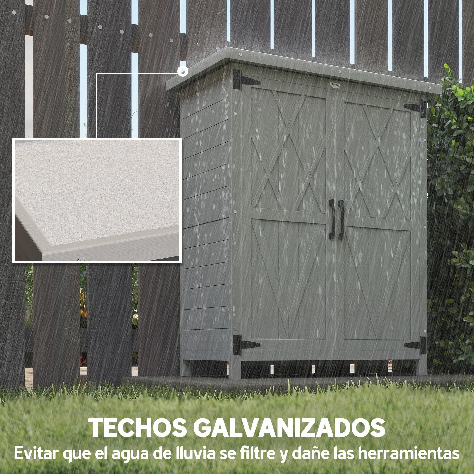 Outsunny Caseta de Jardín de Madera, 75x40x90 cm, Cobertizo Jardín Exterior, Armario para Almacenaje de Herramientas, con 4 Estantes, 2 Puertas y Techo de Acero Galvanizado, Gris