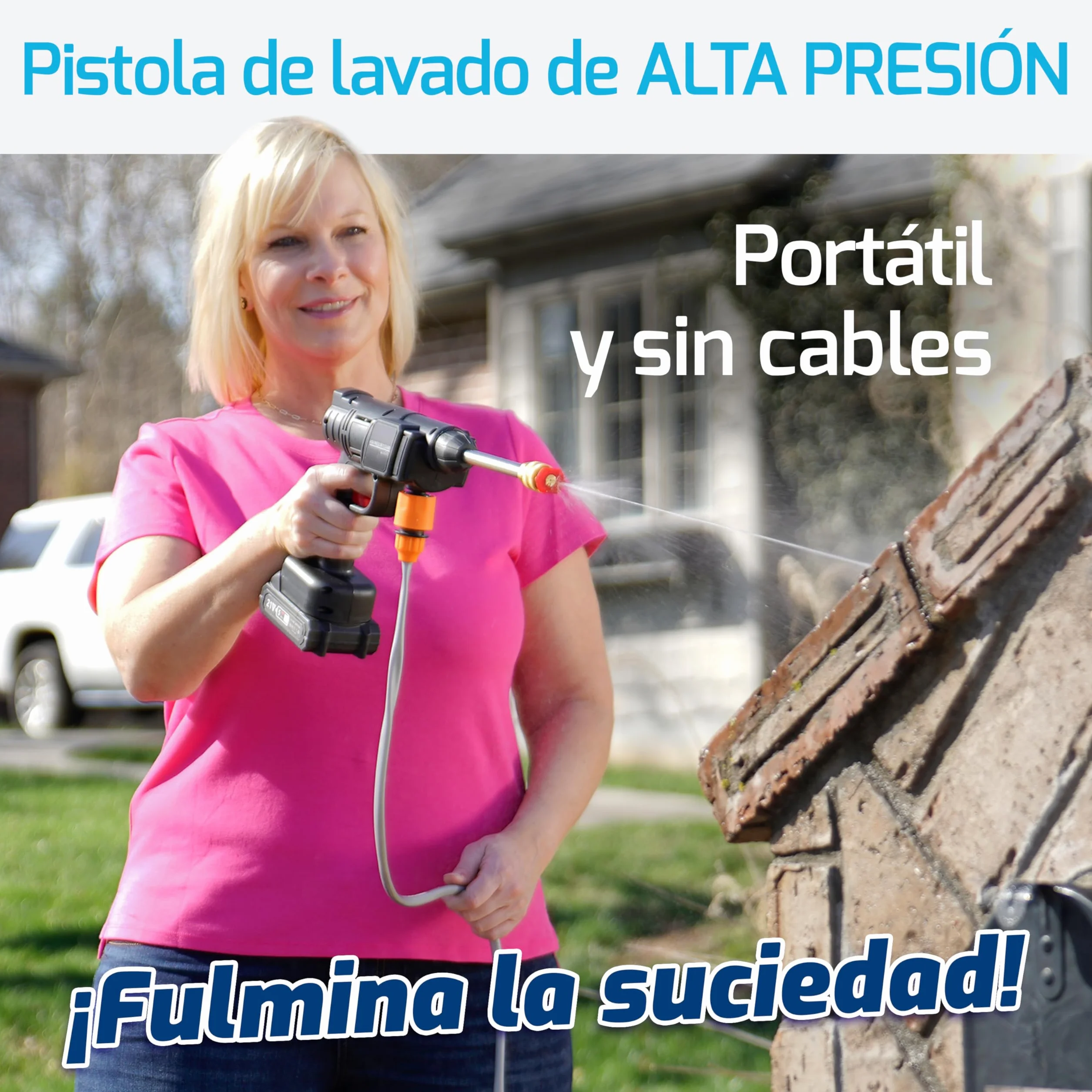 Press & Clean: Pistola de lavado de Alta Presión Portátil Sin Cables, Recargable. Accesorios: Cargador, Manguera presurizada con filtro, Dispensador jabón, Adaptador botellas, 2 Boquillas atomizadoras