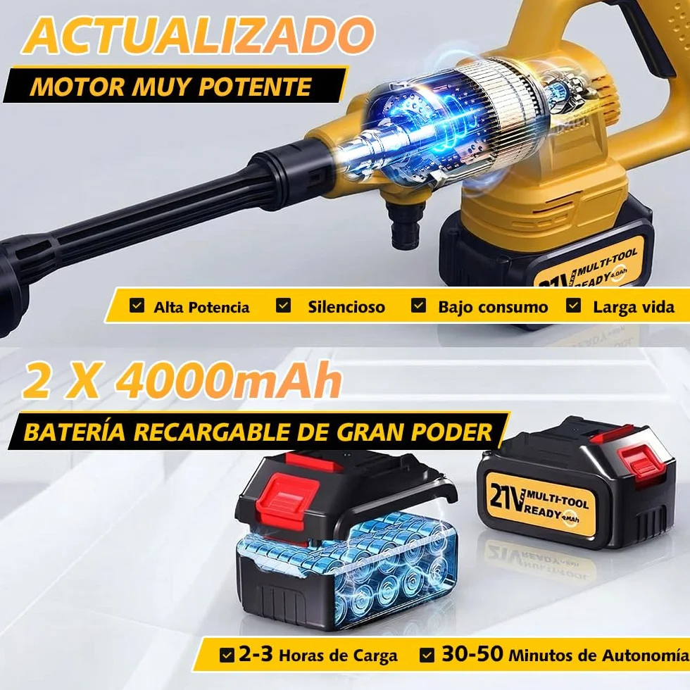Hidrolimpiadora inalámbrica, 17 Piezas, 8000 mAh, máx. 68 Bares, con Boquilla 6 en 1 y Boquilla giratoria de 180°, hidrolimpiadora portátil para Coches, Bicicletas, terrazas y Jardines.